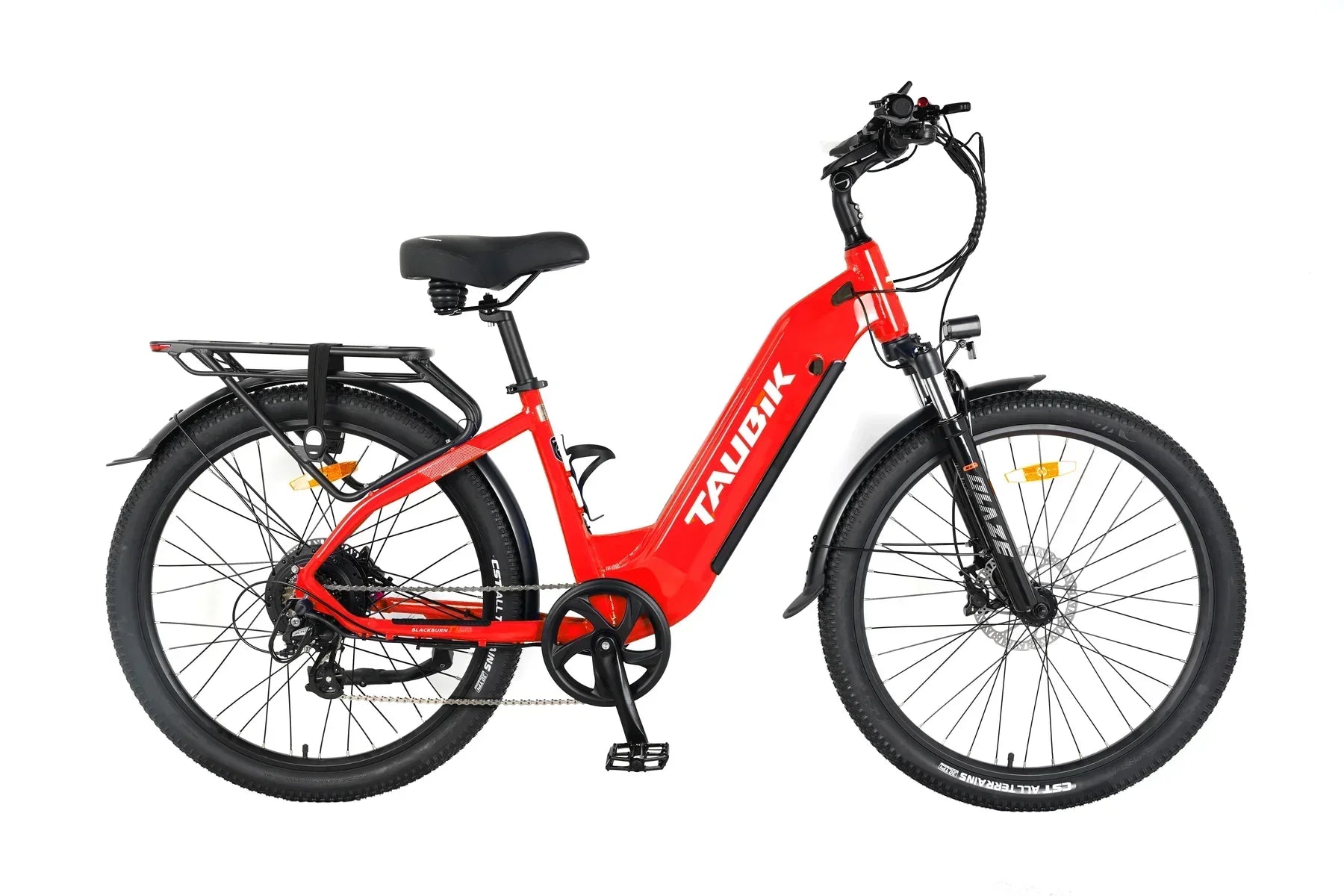 Red Taubik electric bike with rear rack and thick tires on white background