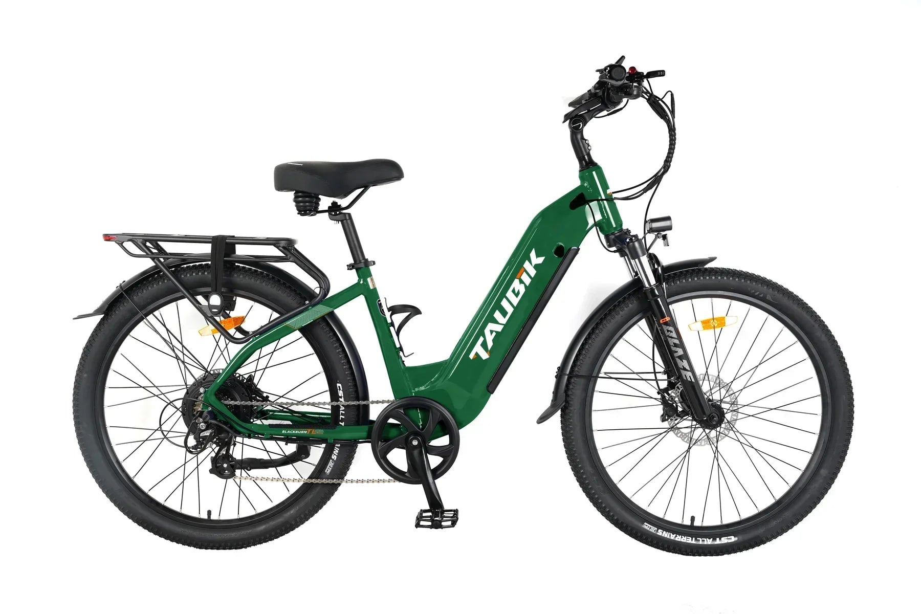 Green TAUBIK Blackburn electric bike with step-through frame and rear rack on white background