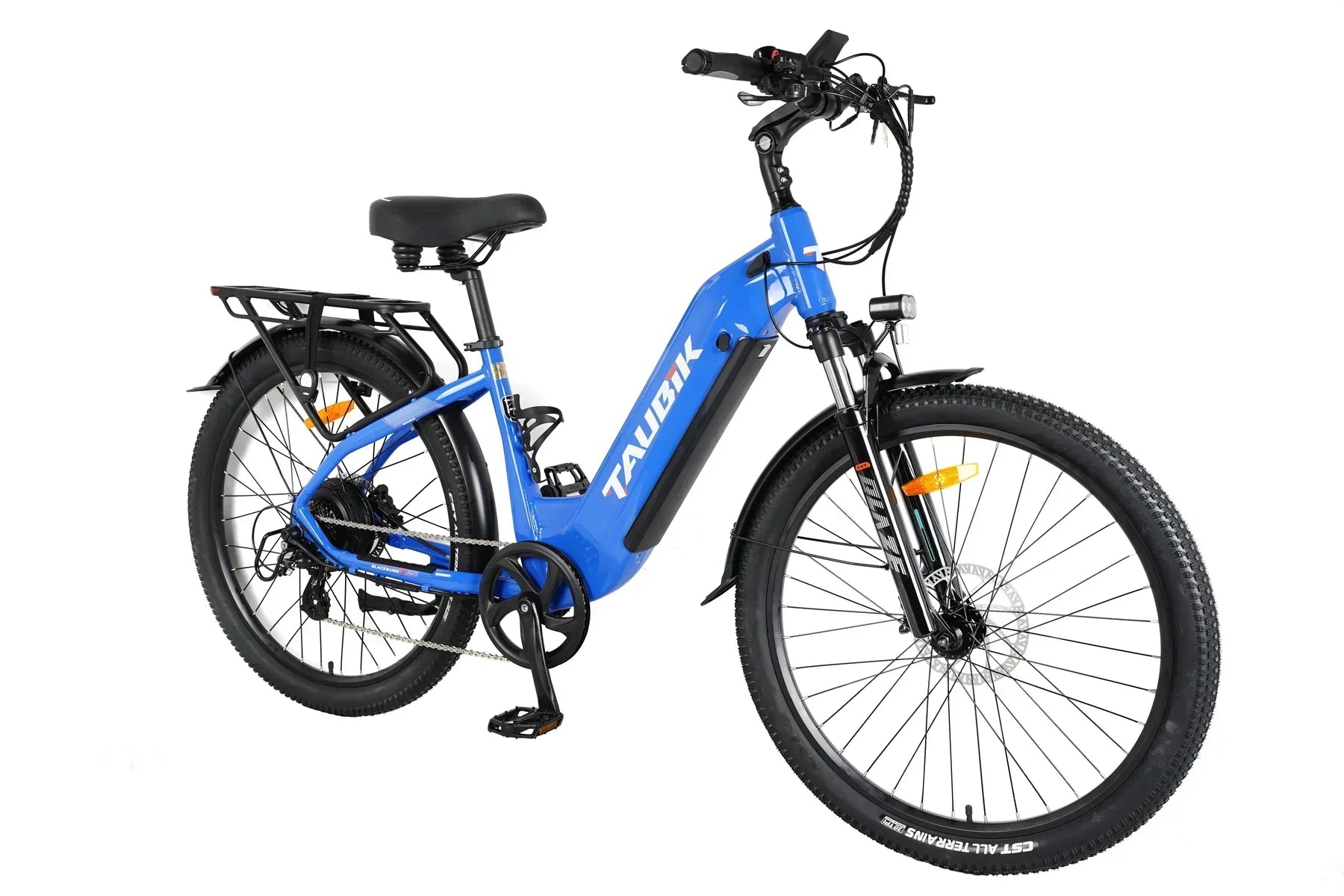 Blue TAUBIK electric bike with step-through frame, front suspension, and rear rack