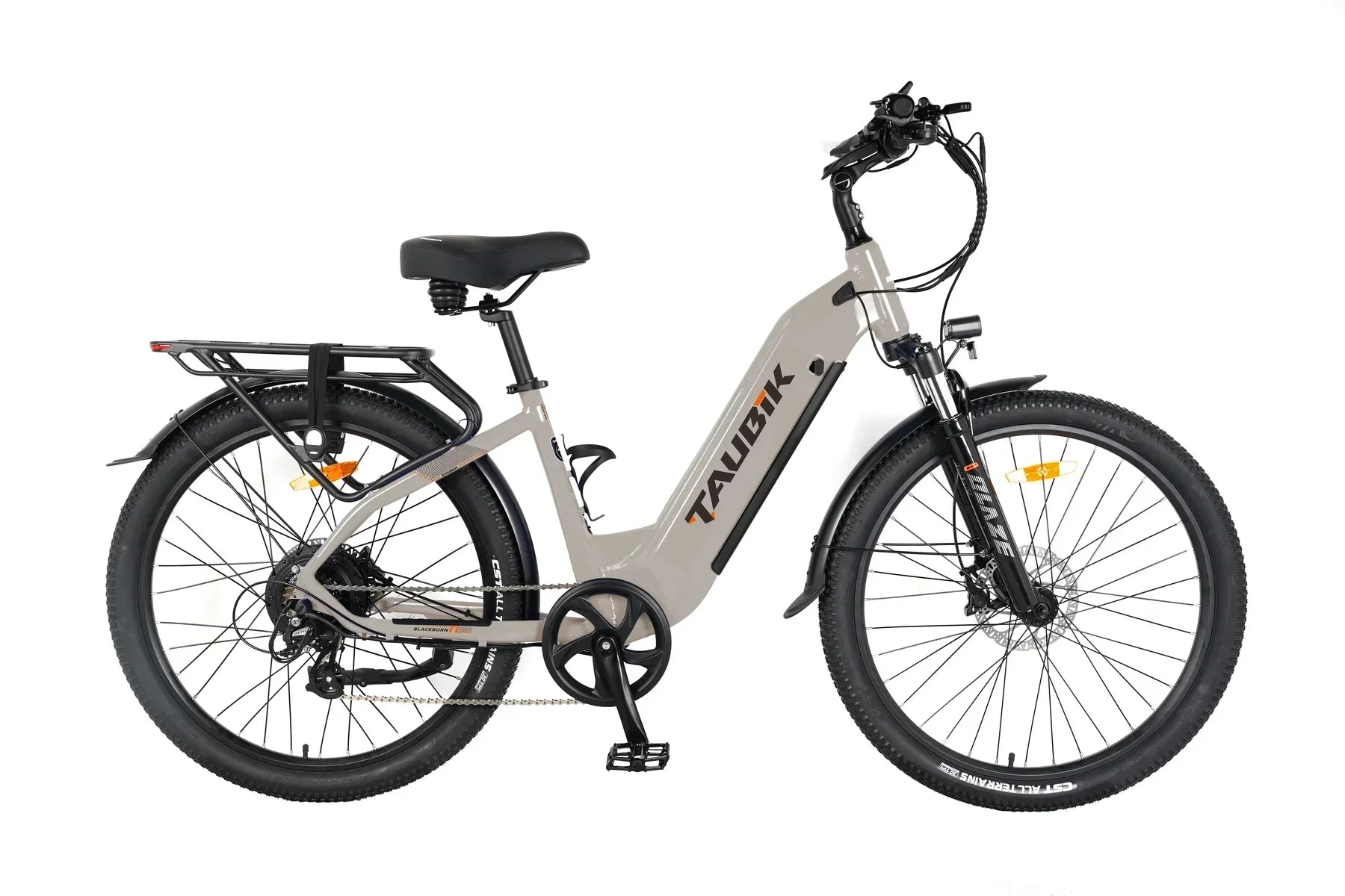 Taupe step-through electric bike TAUBIK Blackburn with rear rack and fat tires, side view