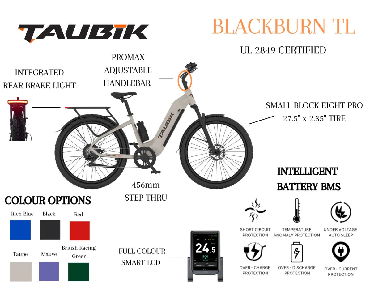 TAUBIK Blackburn TL electric bike specs, color options, integrated rear light, smart LCD display
