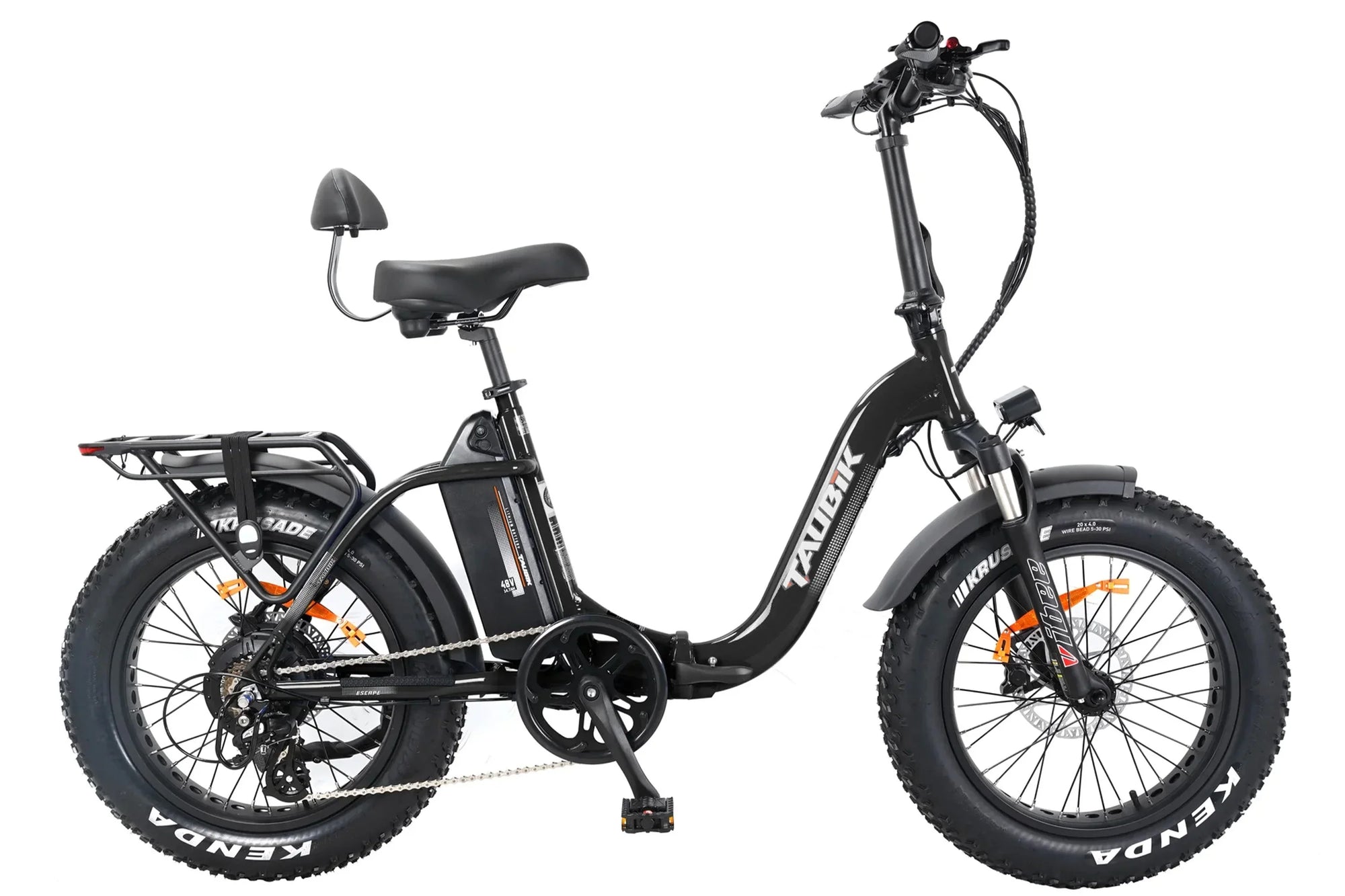 Taubik Escape foldable fat tire e-bike in black with rear rack and wide Kenda tires