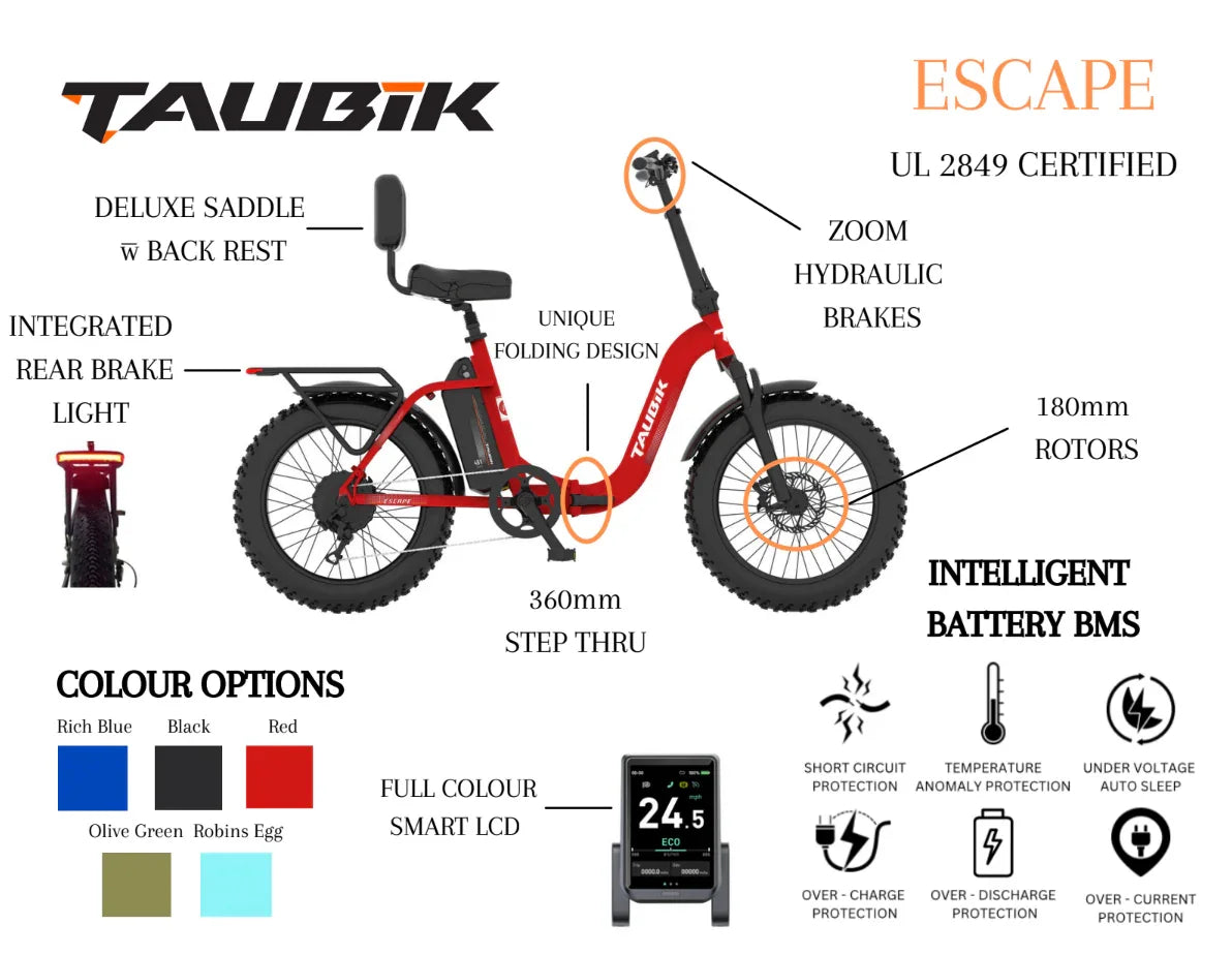Red TAUBIK ESCAPE electric bike with folding frame, rear brake light, LCD display, hydraulic brakes, and color options.