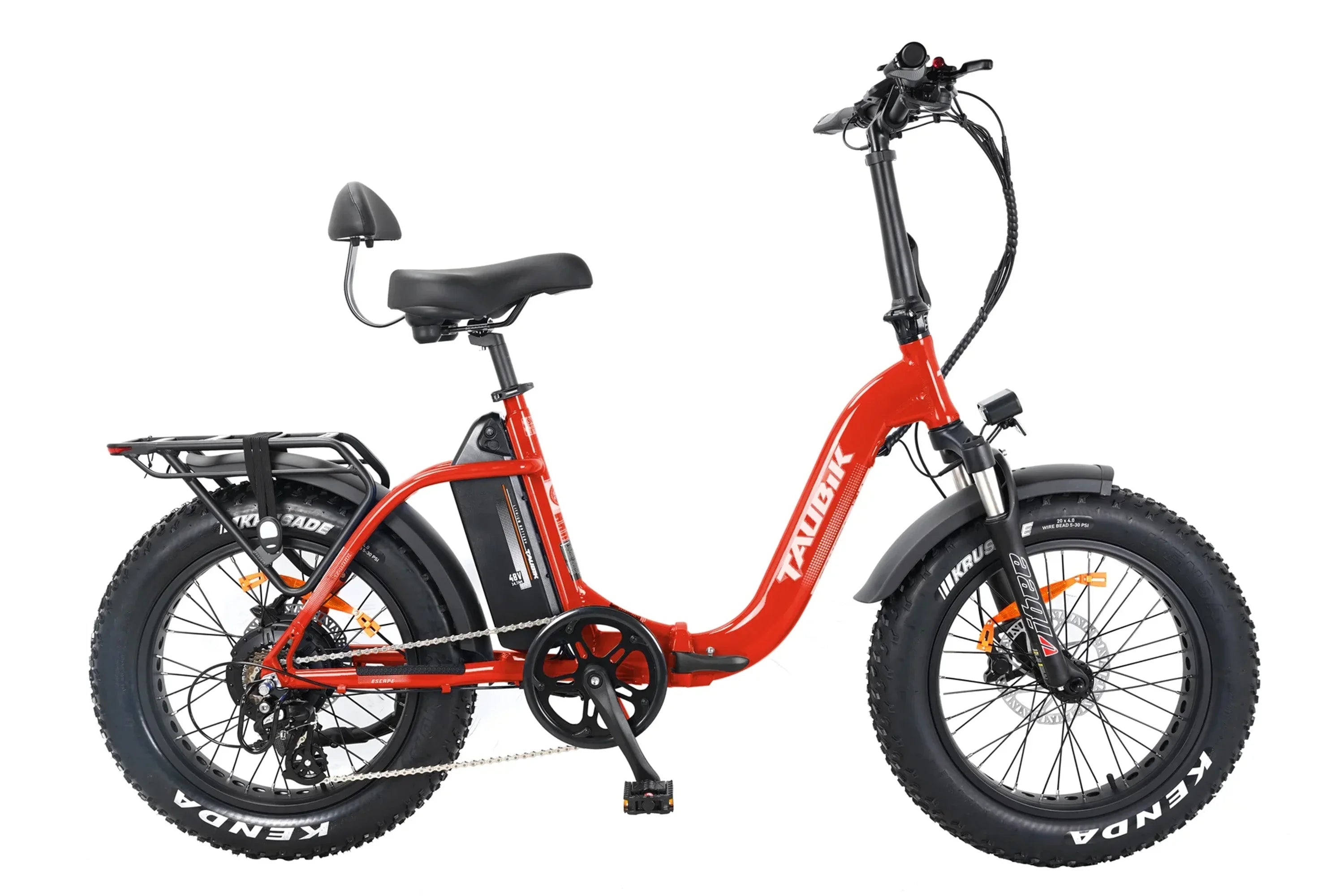 Red Taubik Escape foldable fat-tire e-bike with rear rack and step-through frame