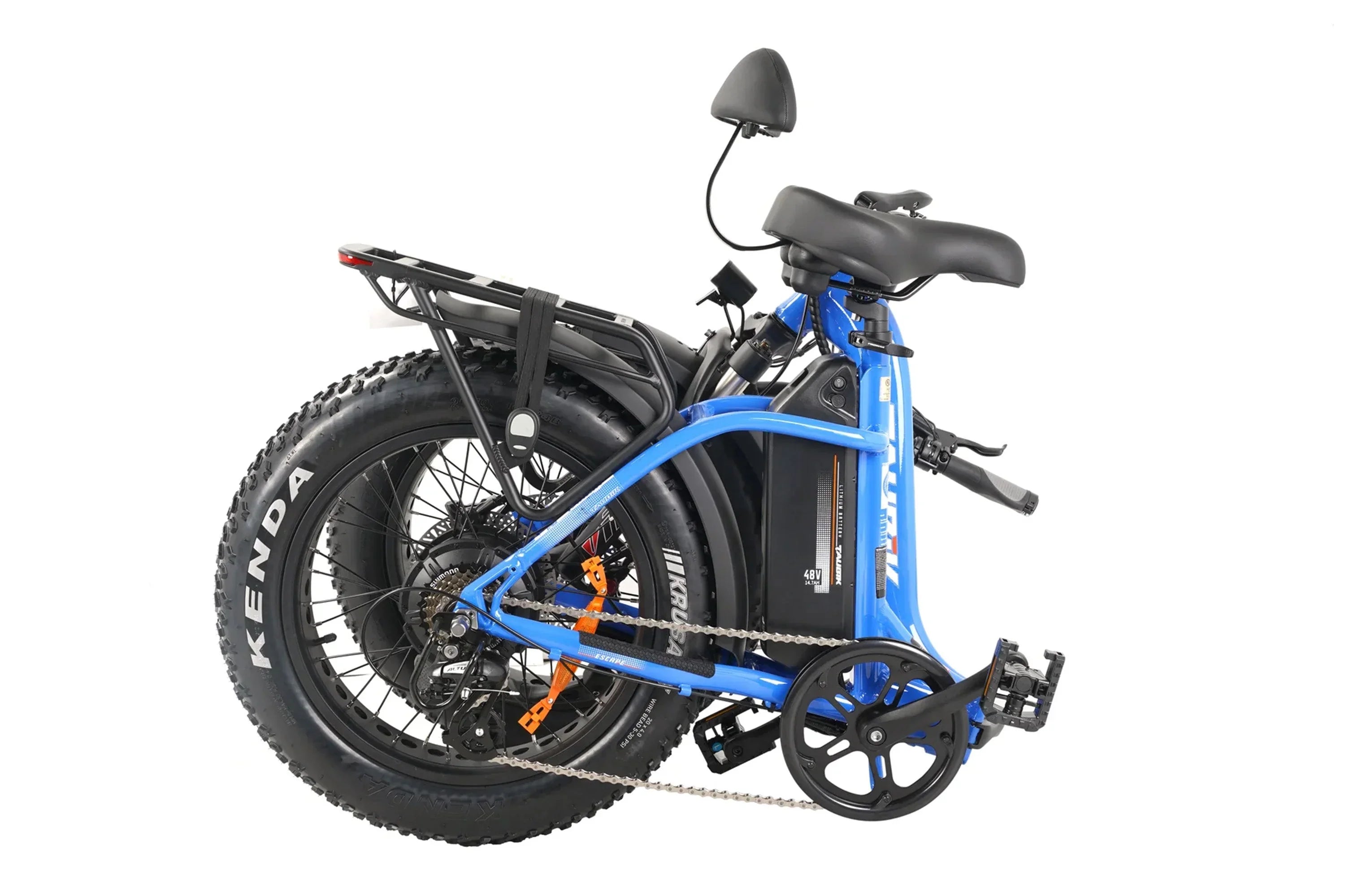 Folded blue Taubik Escape fat tire electric bike with rear rack and Kenda tires