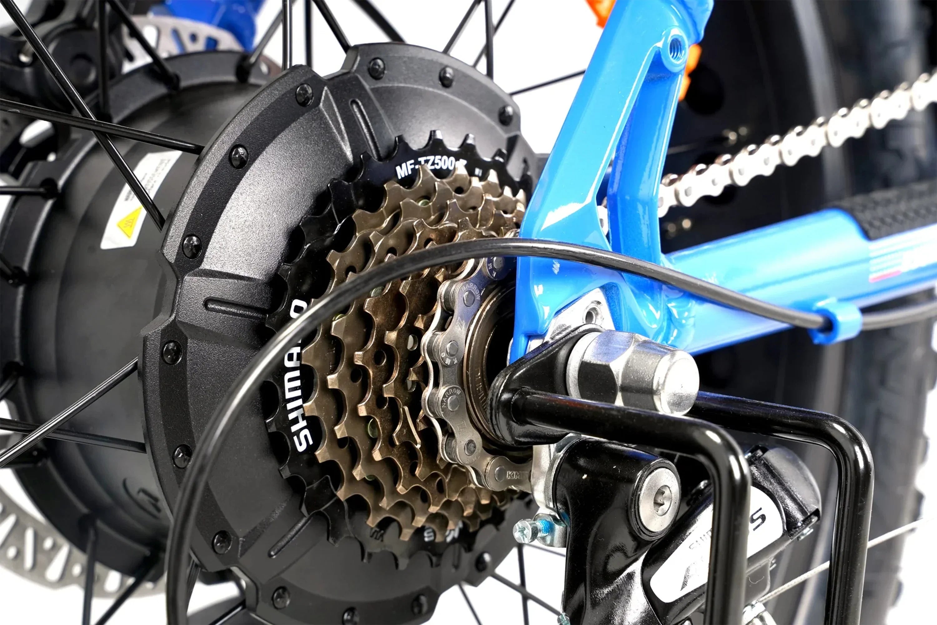 Close-up of Taubik Escape foldable fat tire e-bike Shimano gear system and blue frame