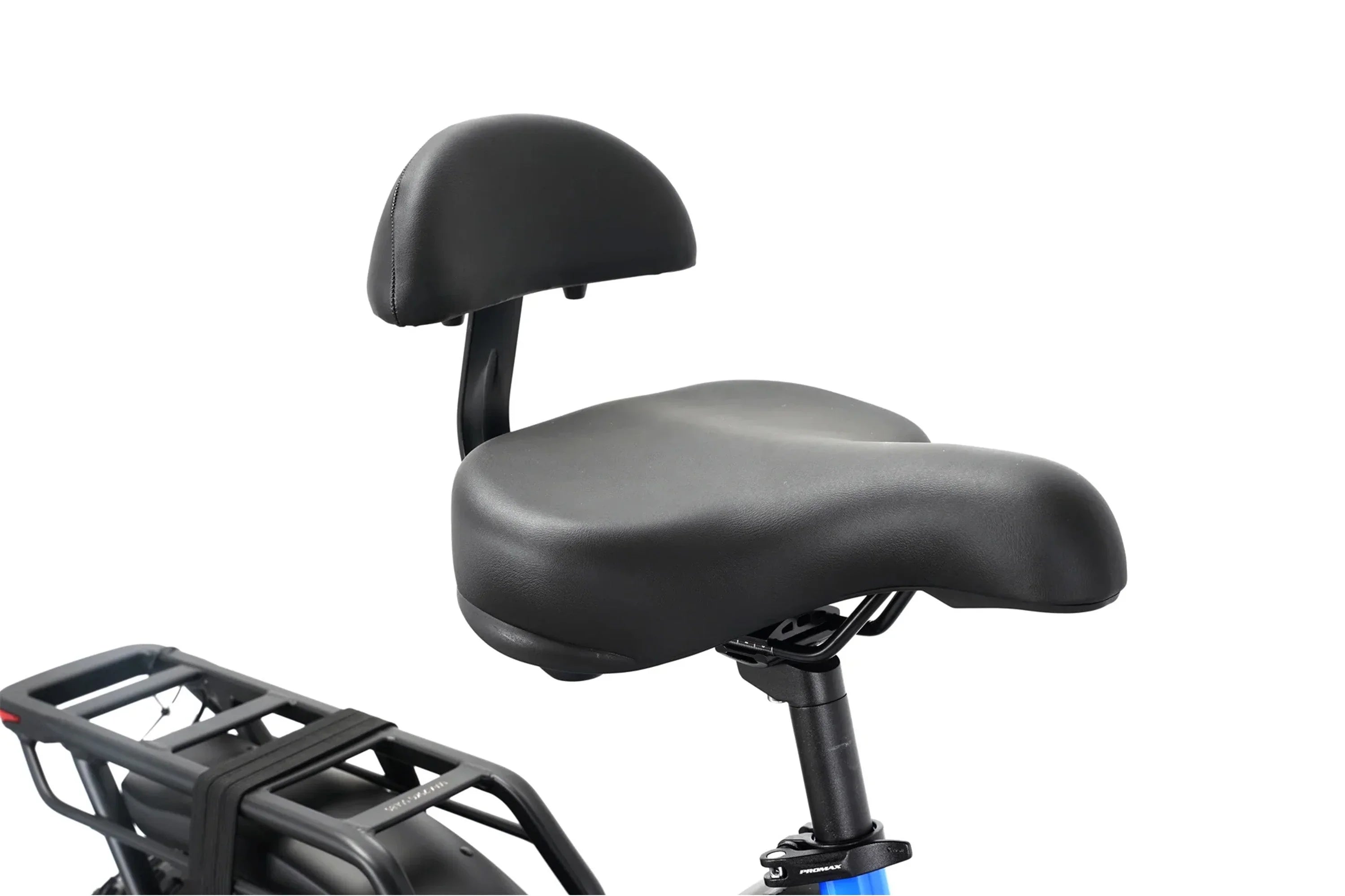 Close-up of Taubik Escape foldable fat tire e-bike seat with backrest and rear rack