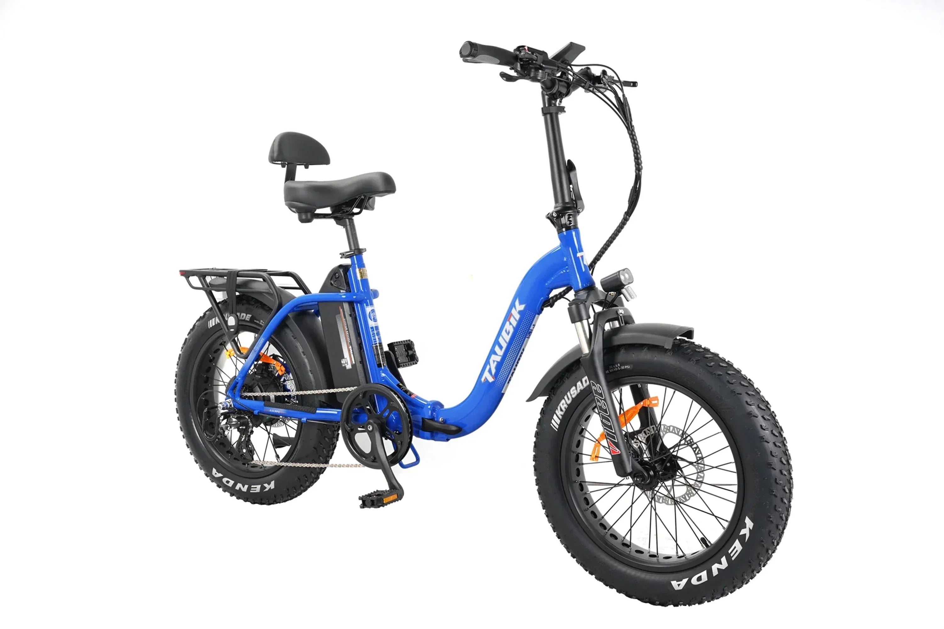 Metallic blue Taubik Escape foldable fat tire e-bike with rear rack and Kenda tires