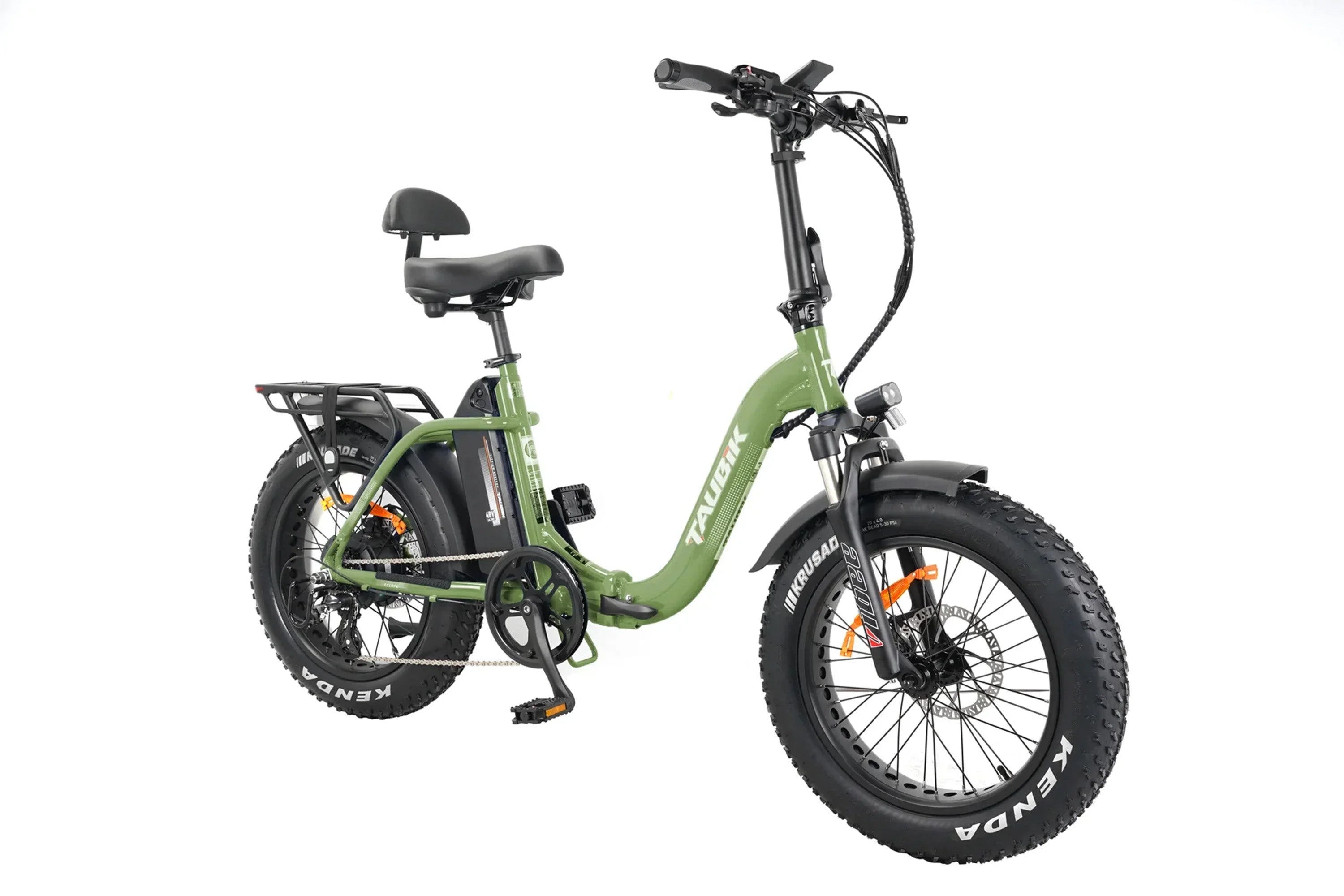 Olive green Taubik Escape foldable fat tire electric bike with rear rack and chopper style frame