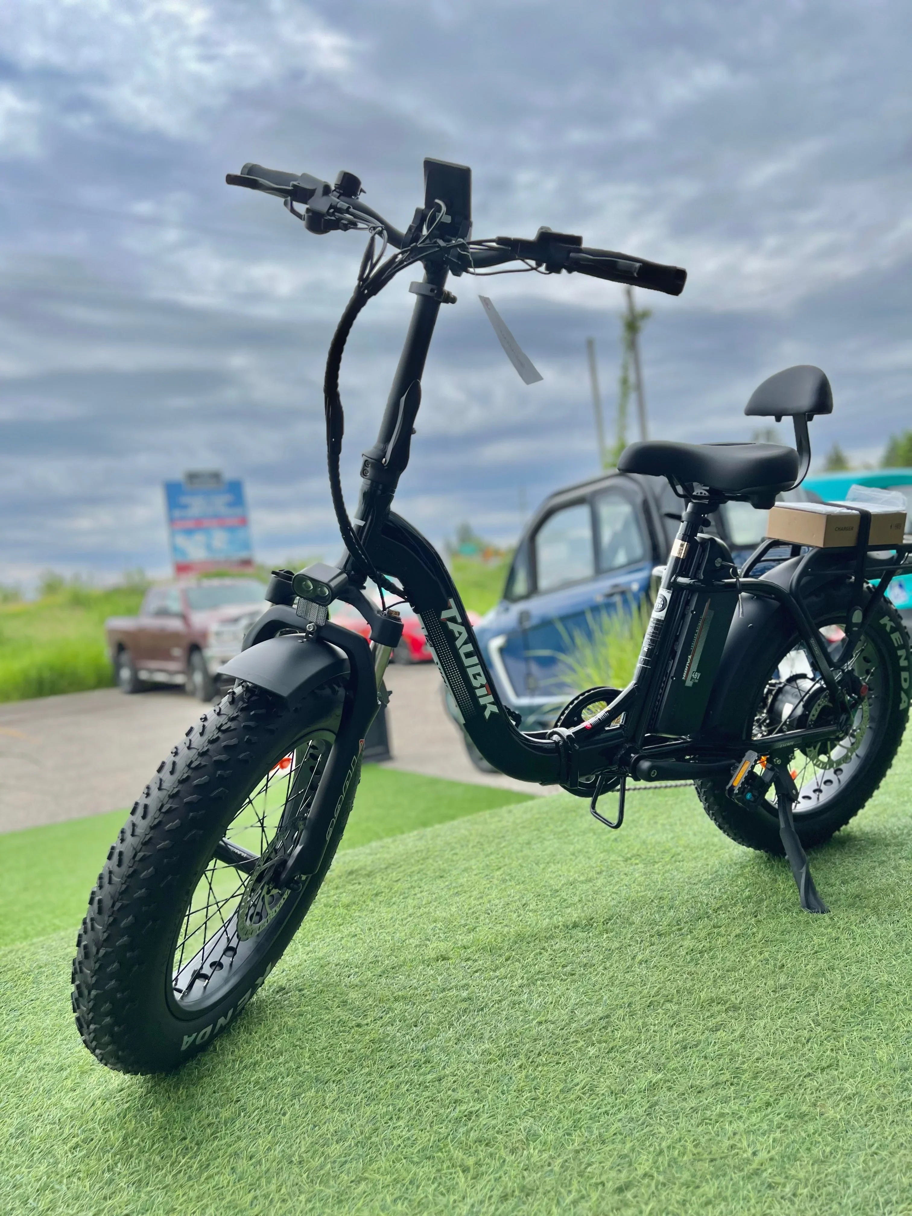 Black foldable fat tire electric bike by Raugik on artificial grass outdoors