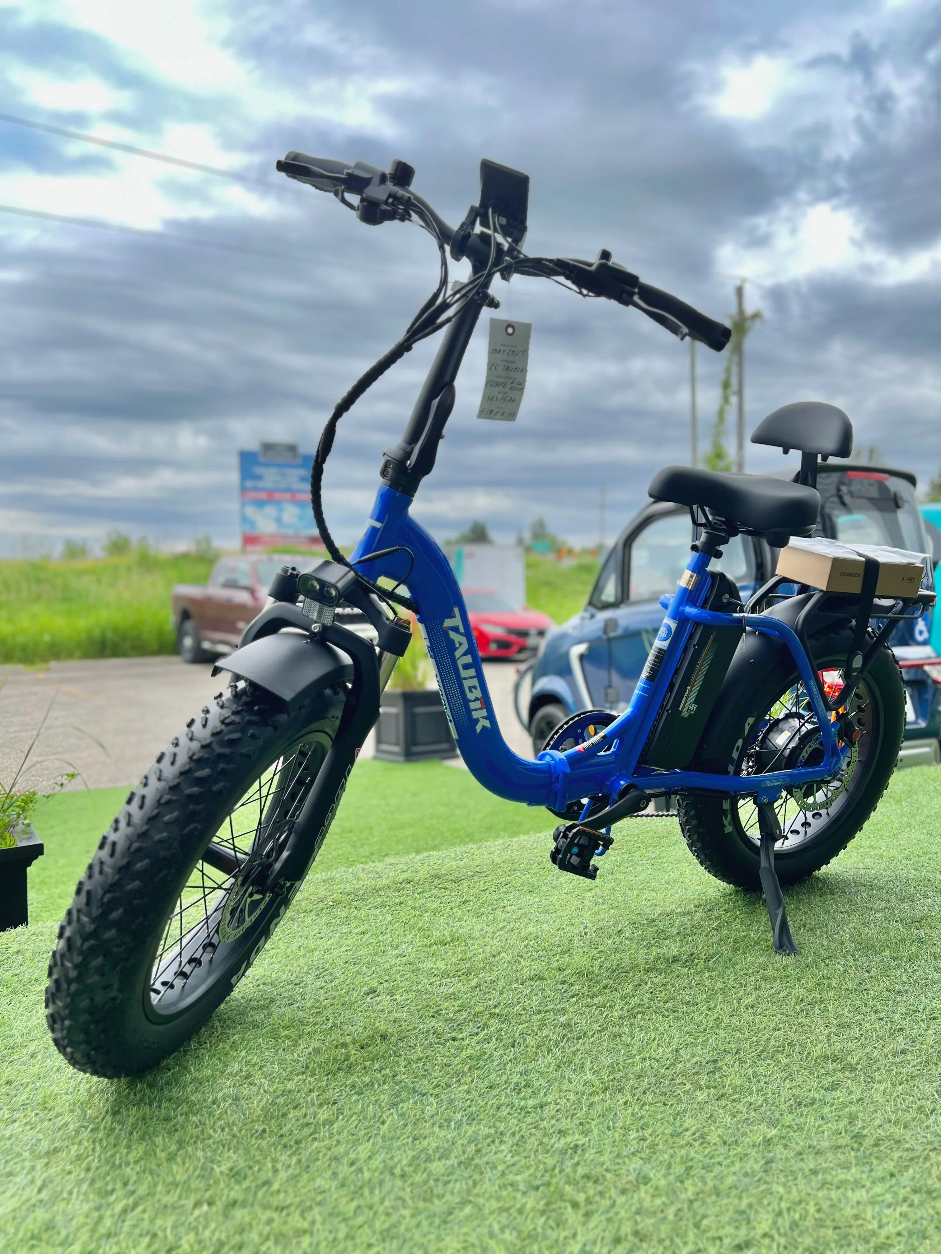 Blue Tavolik electric bike with fat tires on green artificial grass outdoors