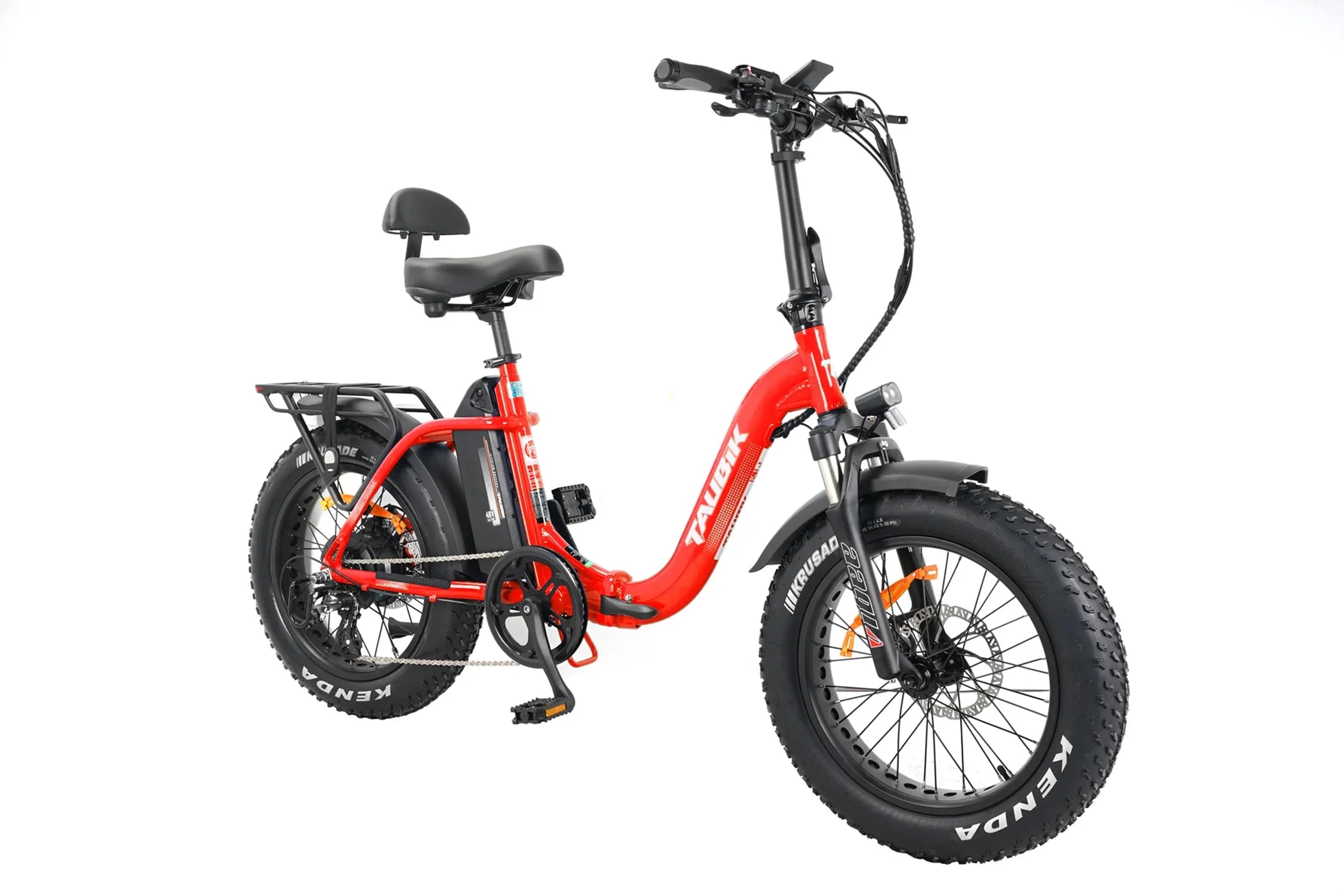 Red Taubik Escape foldable fat tire electric bike with rear rack and wide Kenda tires