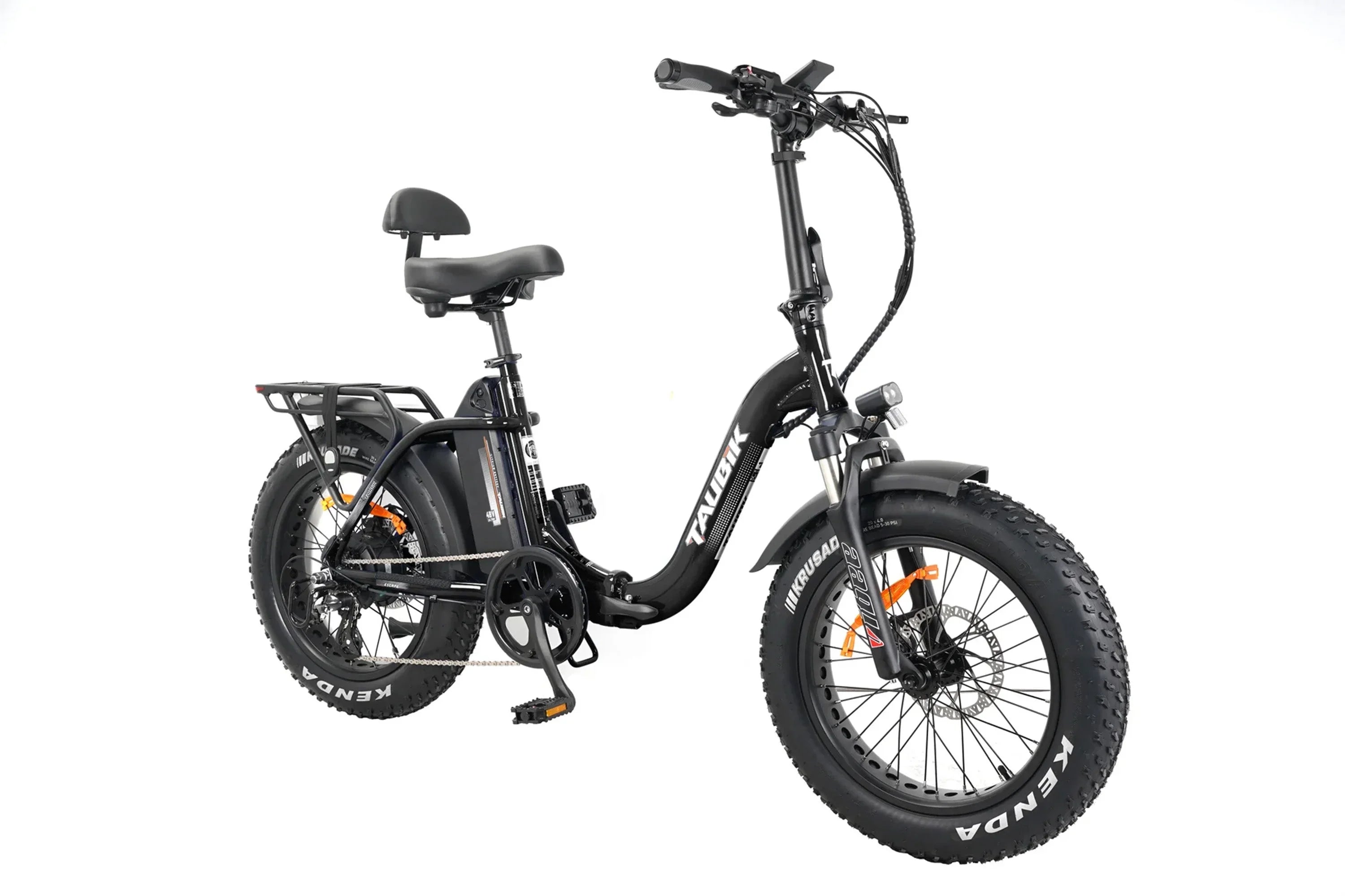 TAUBIK Escape foldable fat tire e-bike with rear rack and wide Kenda tires on white background