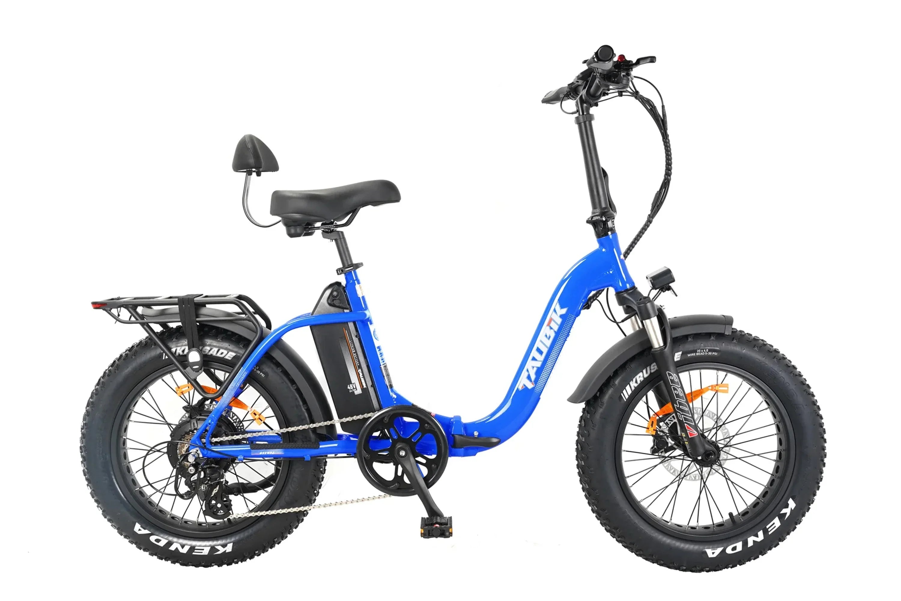 Blue foldable fat tire e-bike with rear rack and headlight on a white background