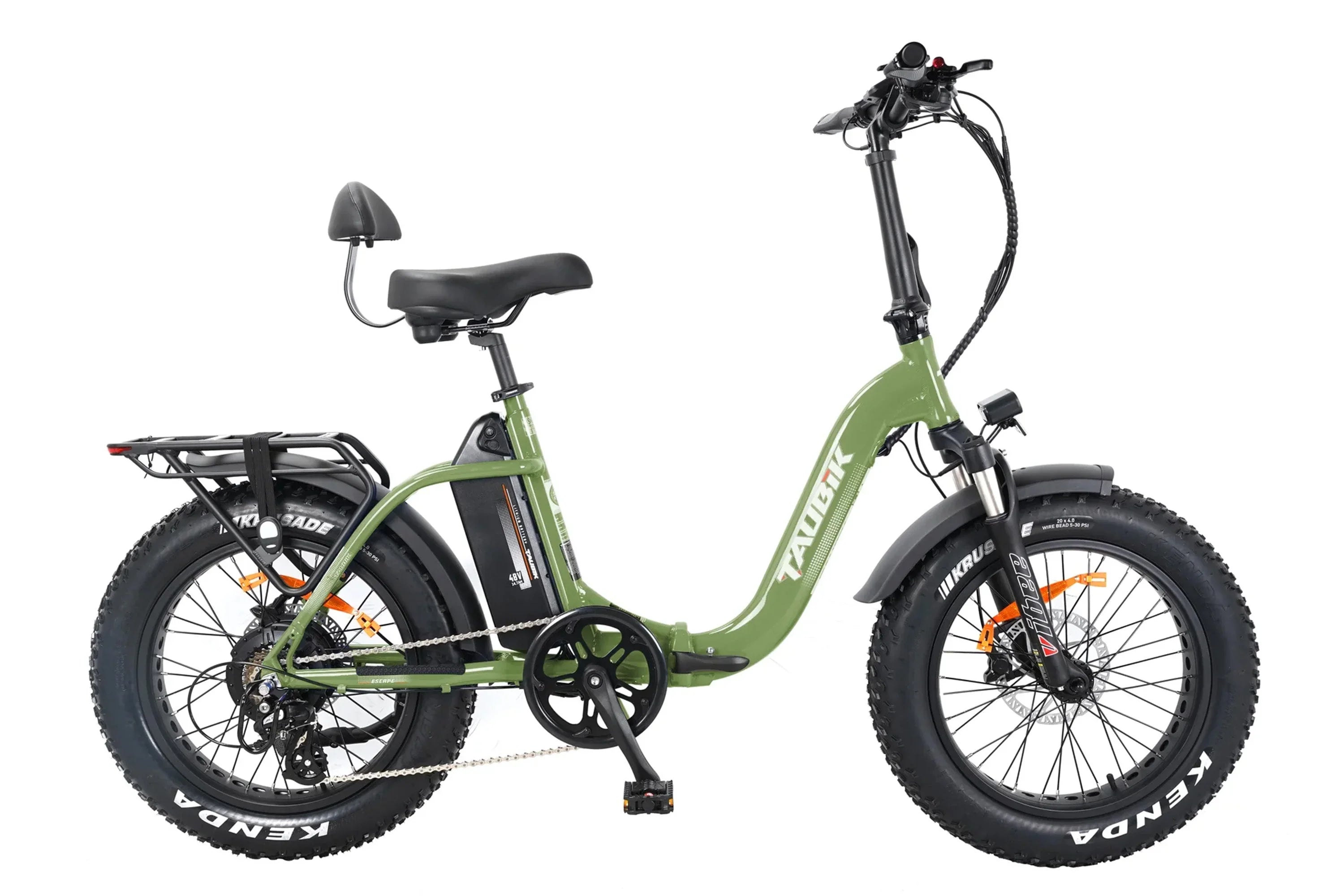 Green Taubik Escape foldable fat tire e-bike with rear rack and step-through frame