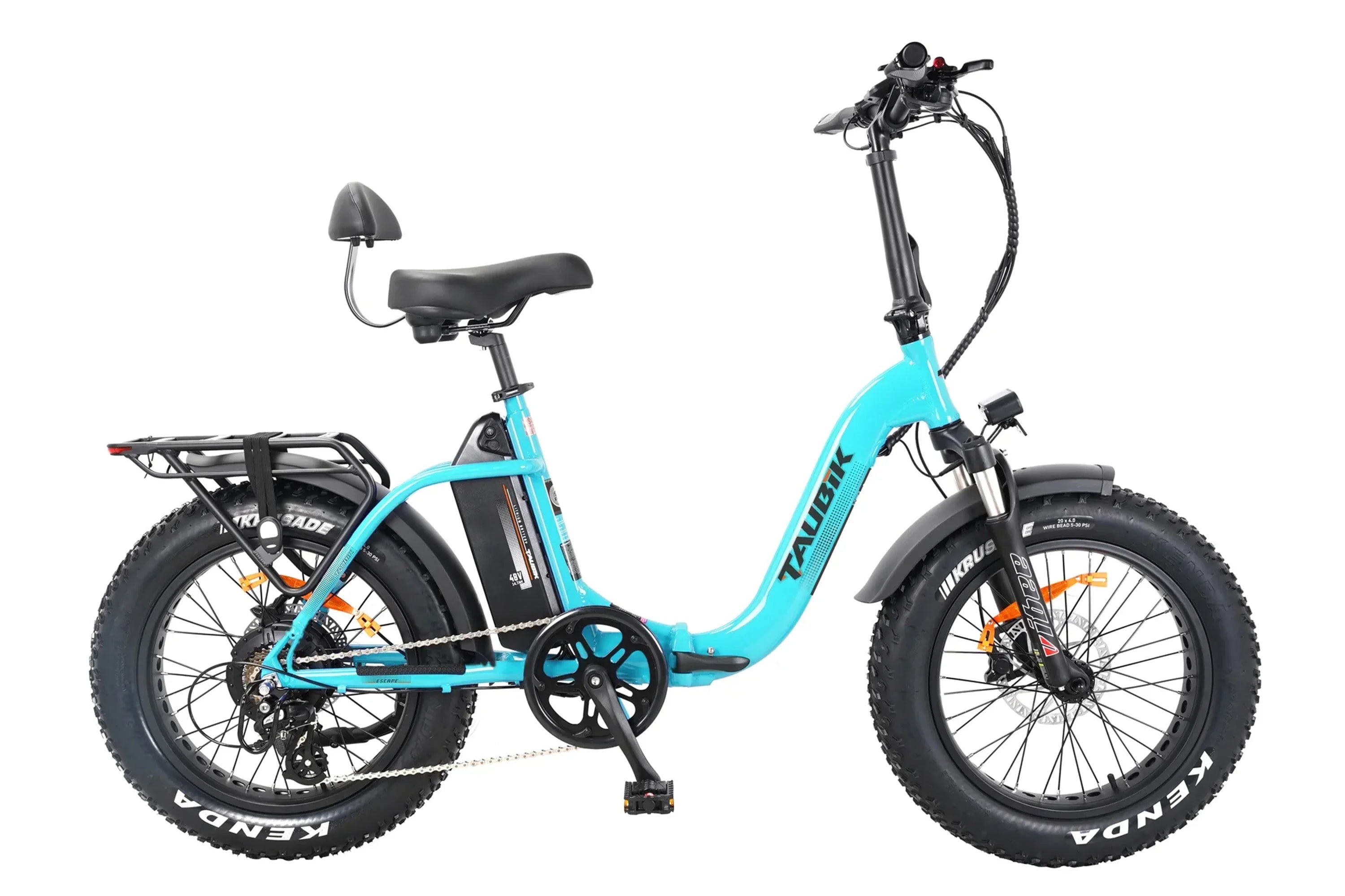 Taubik Escape foldable fat tire e-bike in blue with rear rack and urban tires
