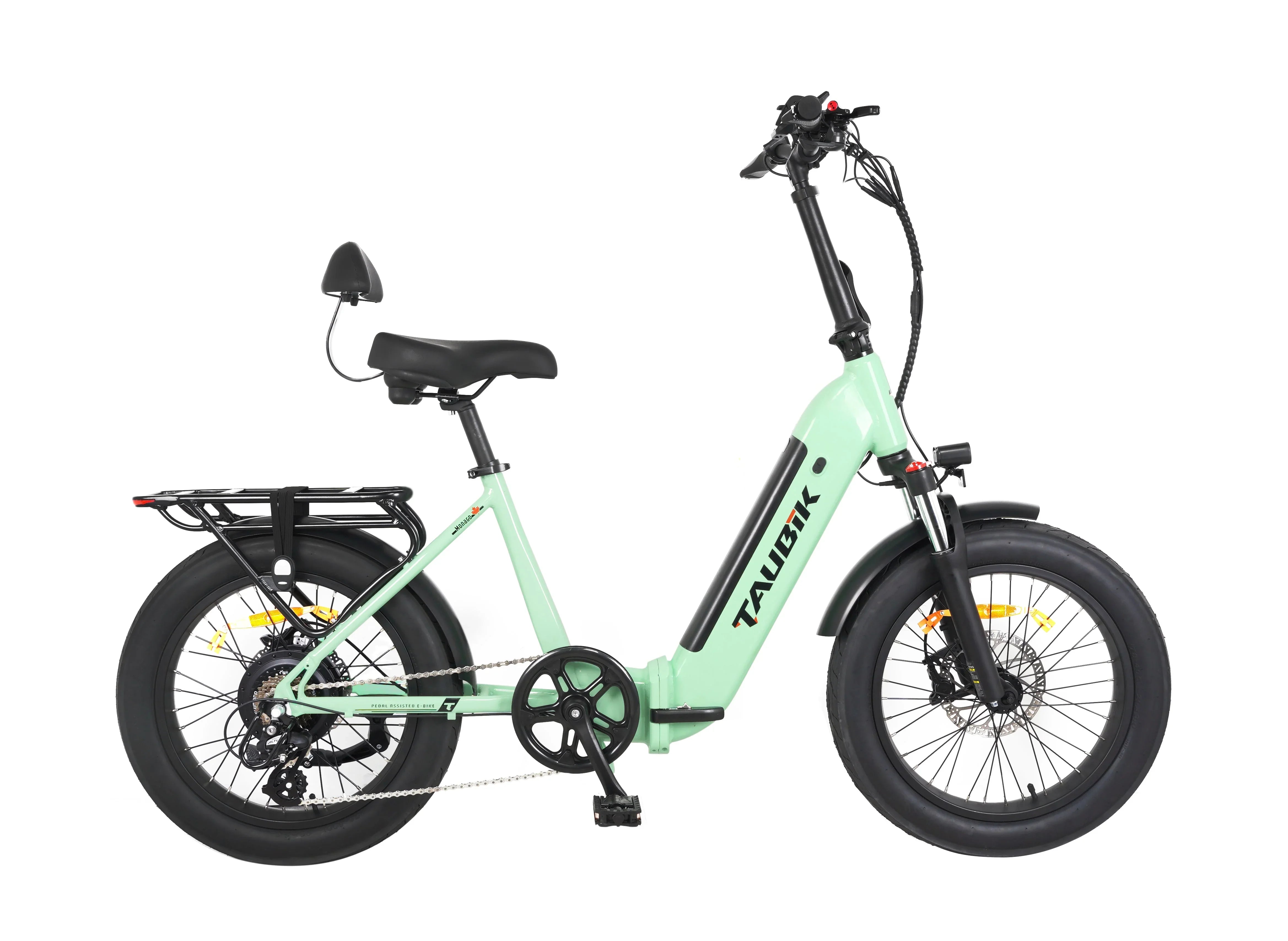 Taubik Monaco foldable e-bike with mint green frame, rear rack, and fat tires on white background
