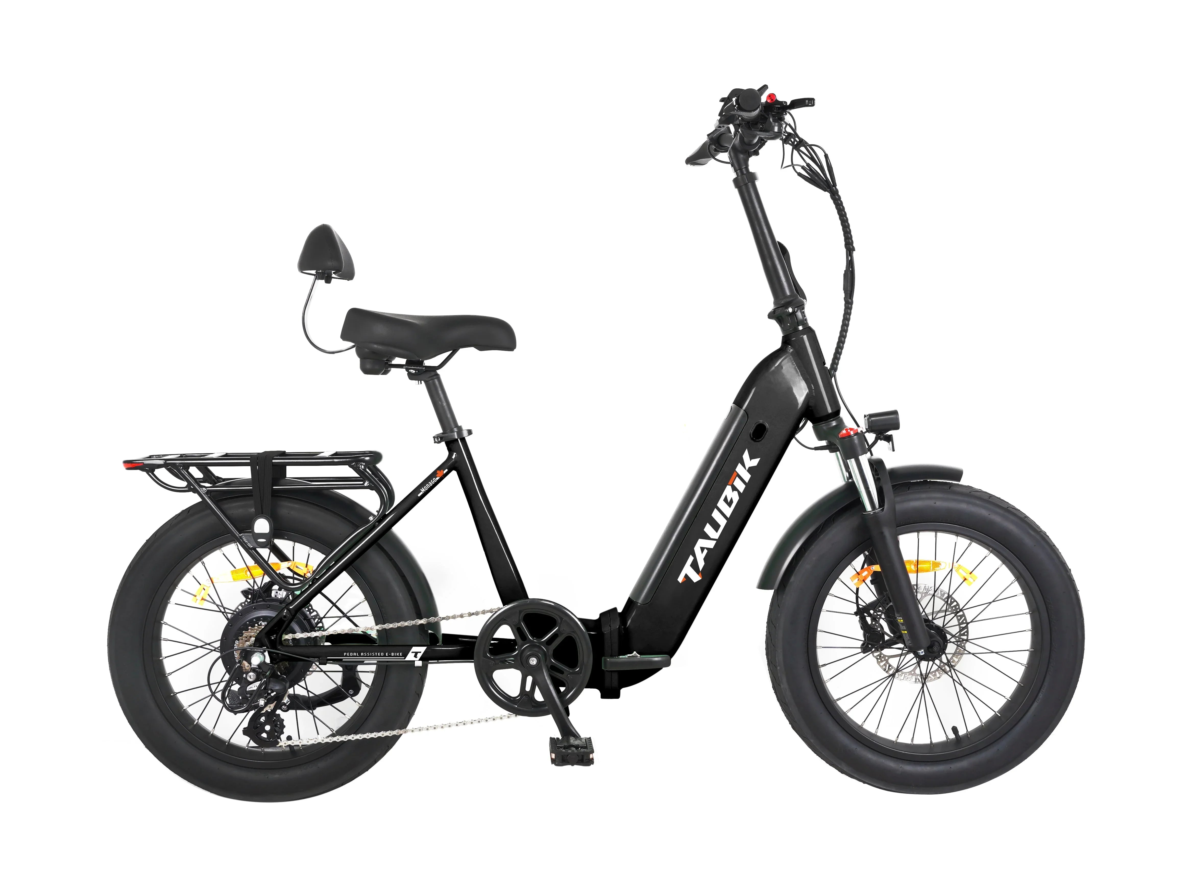 Taubik Monaco foldable e-bike with fat tires, rear rack, and black frame on white background