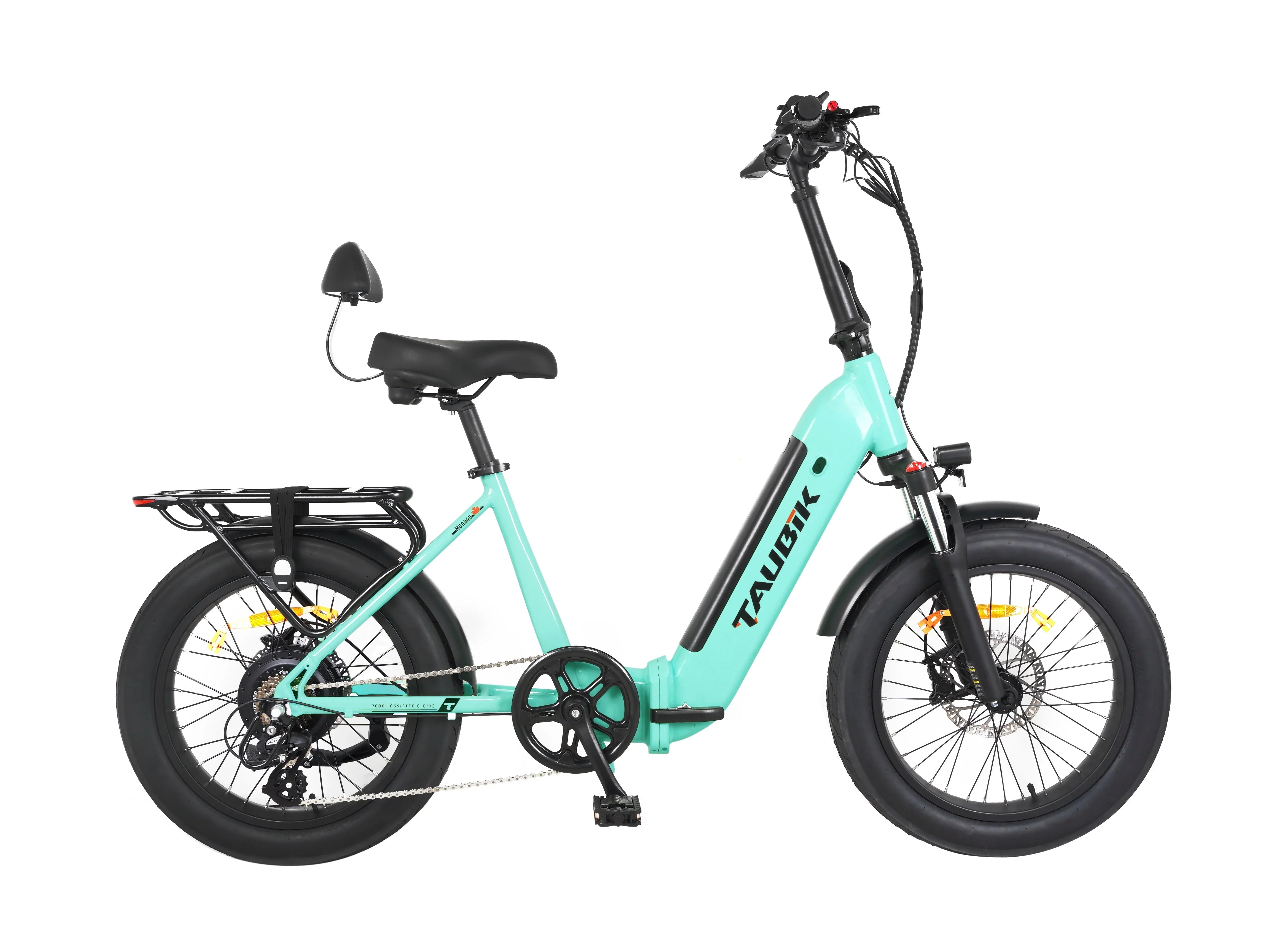 Taubik Monaco foldable chopper e-bike in mint green with rear rack and fat tires