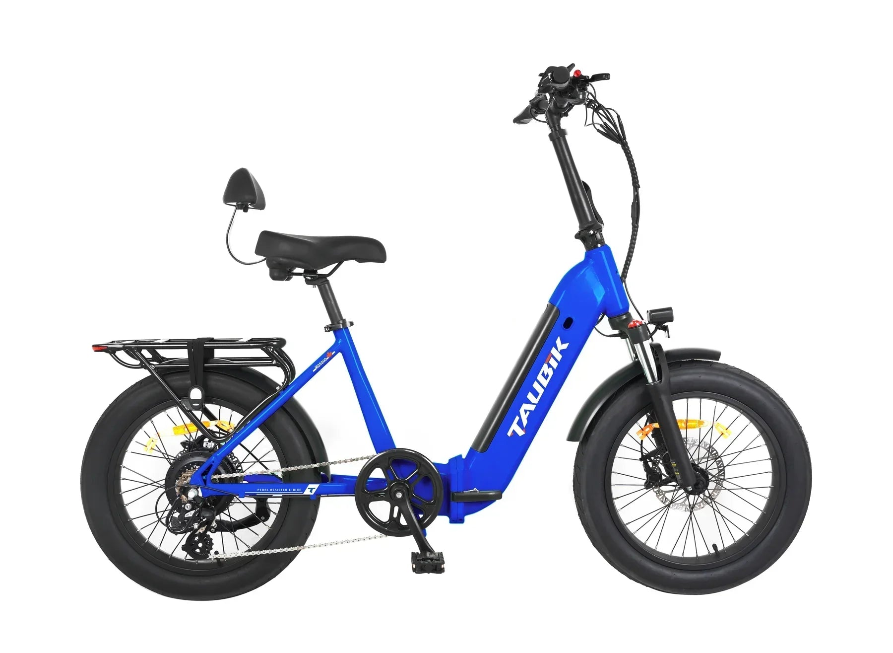 Blue TAUBIK electric bike with fat tires, rear rack and a cushioned backrest on white background