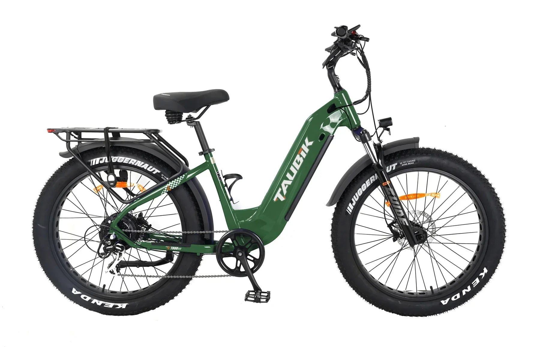 TAUBIK Tour green electric bike with fat Kenda tires and rear cargo rack, side view