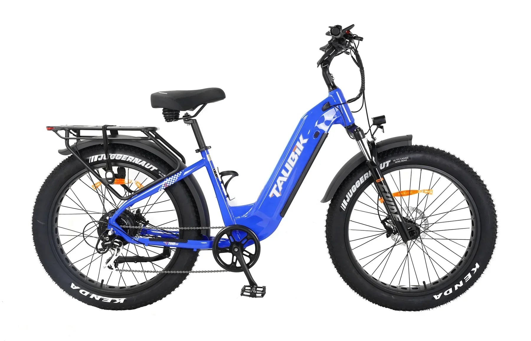 Blue Taubik Tour electric fat tire bike side view with rear rack and Kenda tires