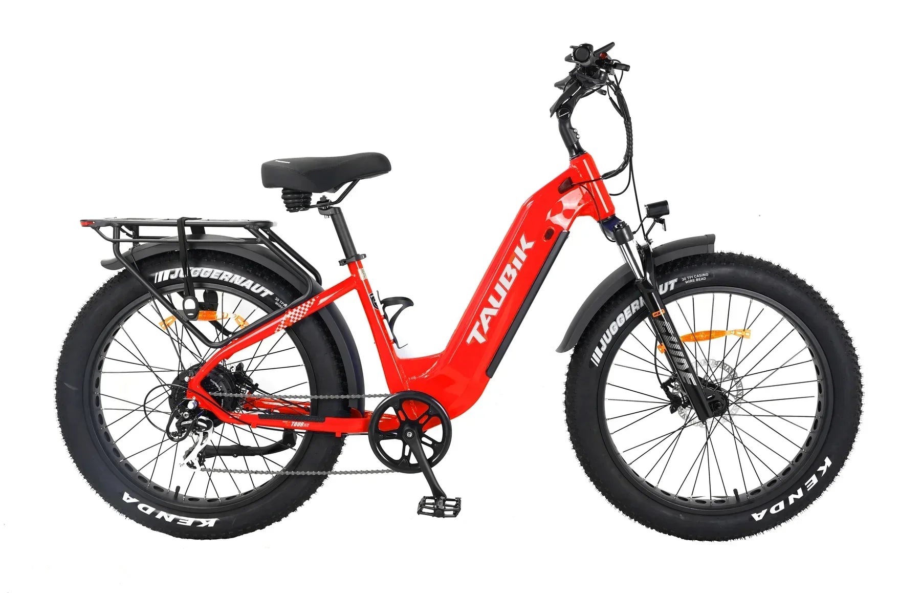 Red Taubik fat tire electric bike with rear rack, step-through frame, and black Kenda tires