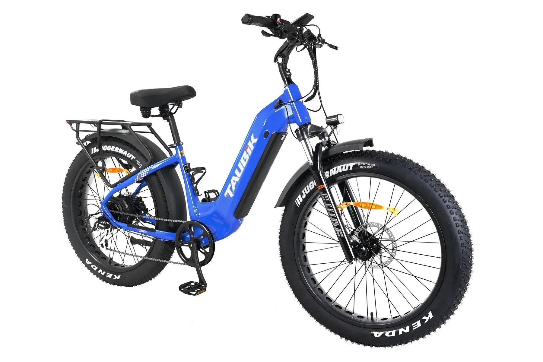 Blue Taubik Tour electric fat tire bike with rear rack and front suspension