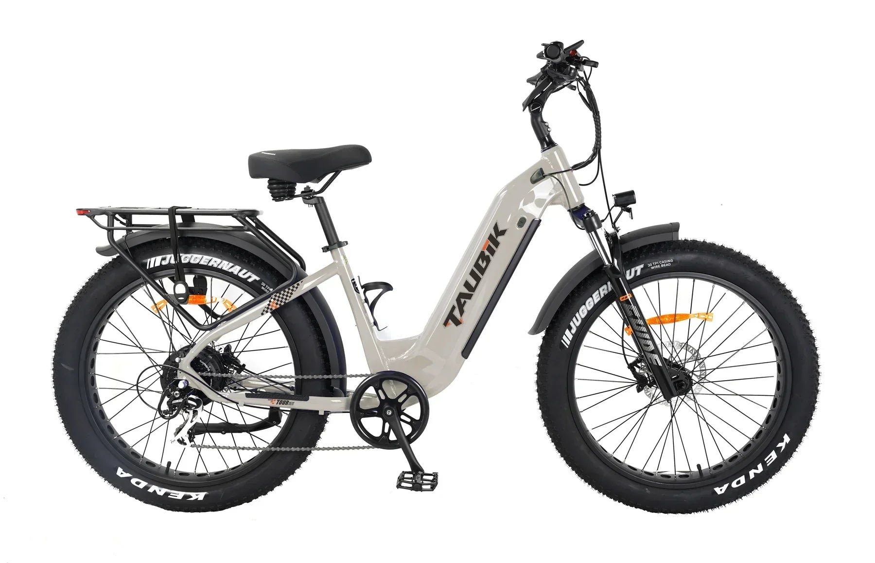 Tau Bik Tour gray electric fat tire bike side view with rear rack