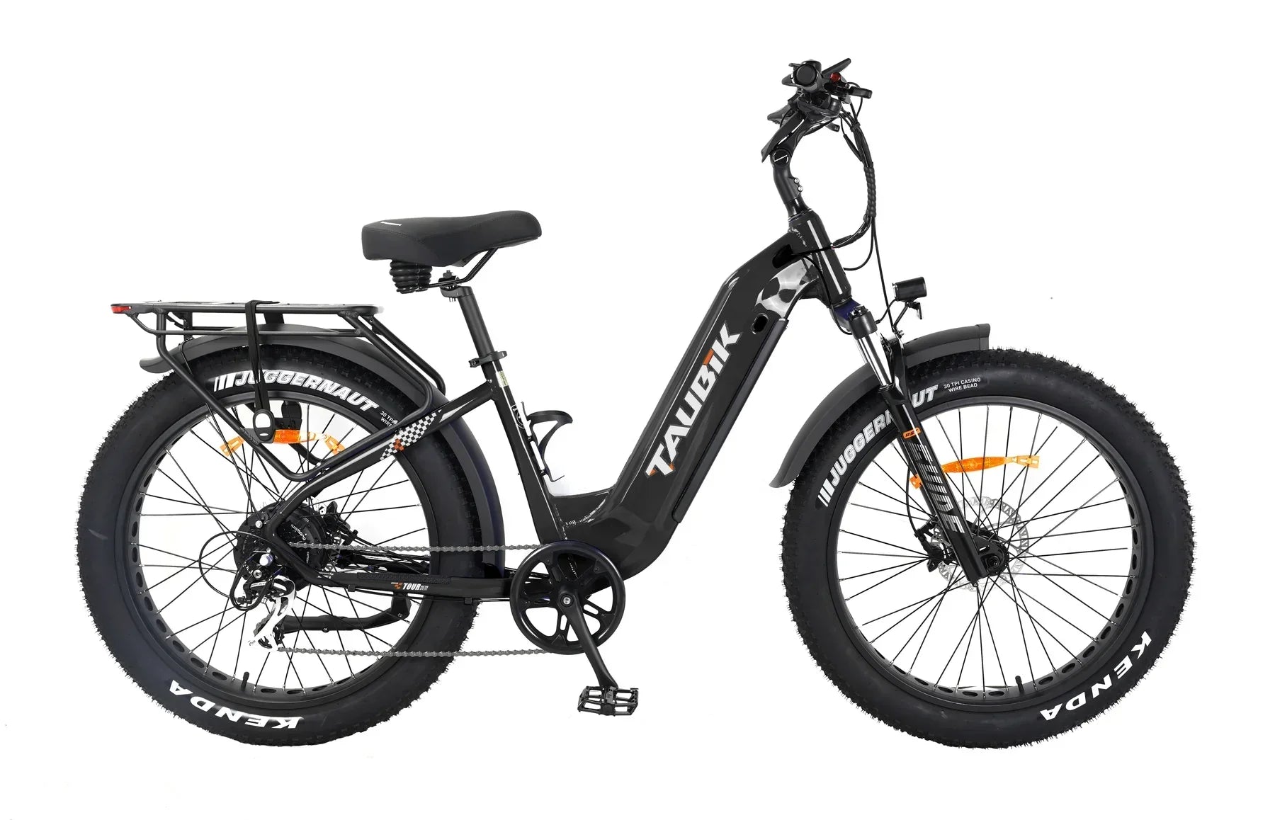 Black Taubik Tour electric fat tire bike side view with rear rack and Kenda tires