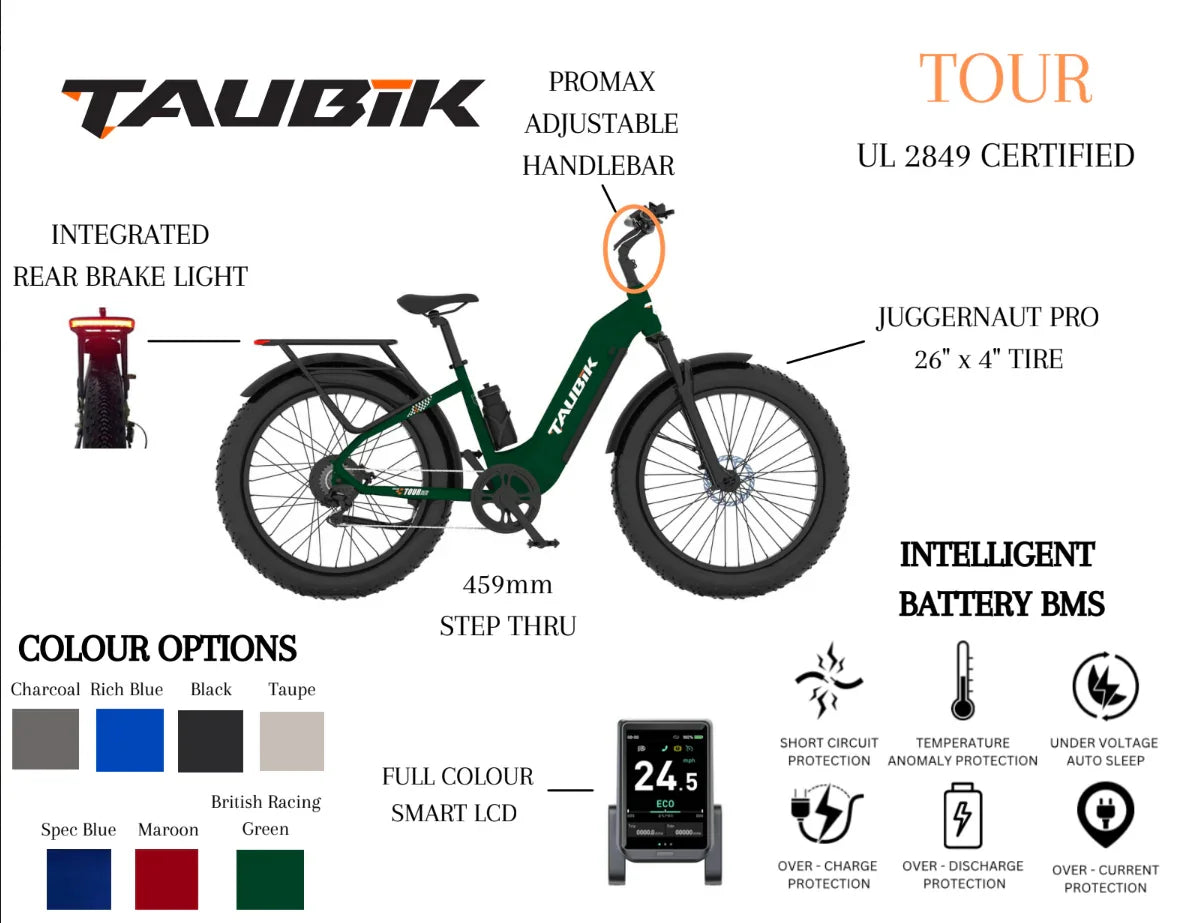 TAUBIK Tour electric bike features: adjustable handlebar, integrated rear brake light, 26x4 tire, full color LCD, multiple color options.