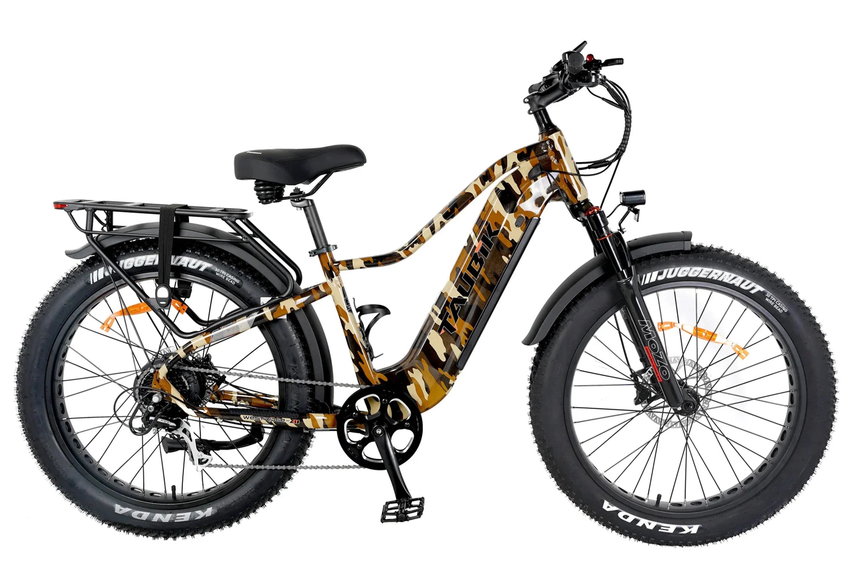 Taubik Westridge 4T camo fat tire off-road electric bike with rear rack and wide Kenda tires