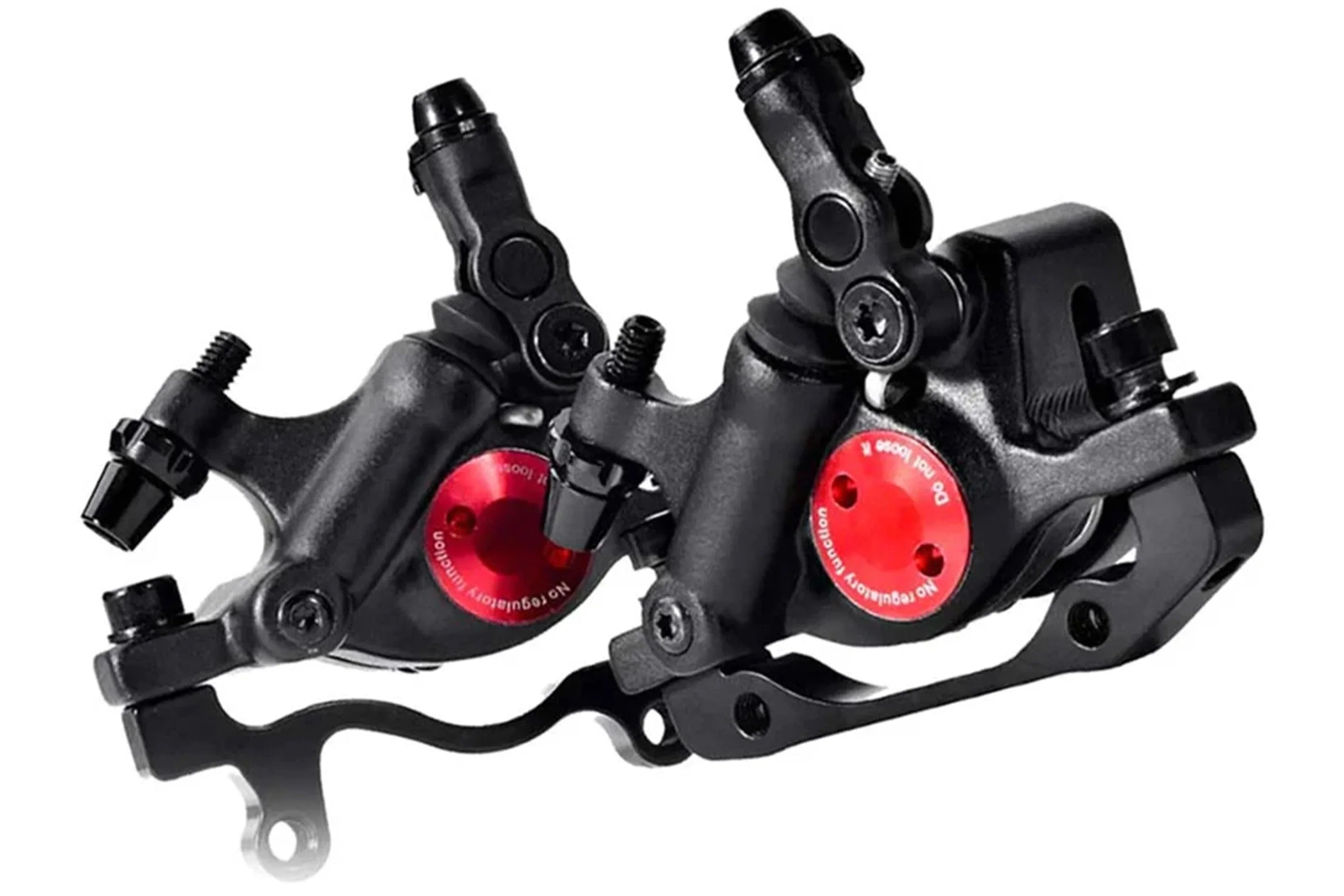 Close-up of black ebike hydraulic disc brake calipers with red adjustment knobs