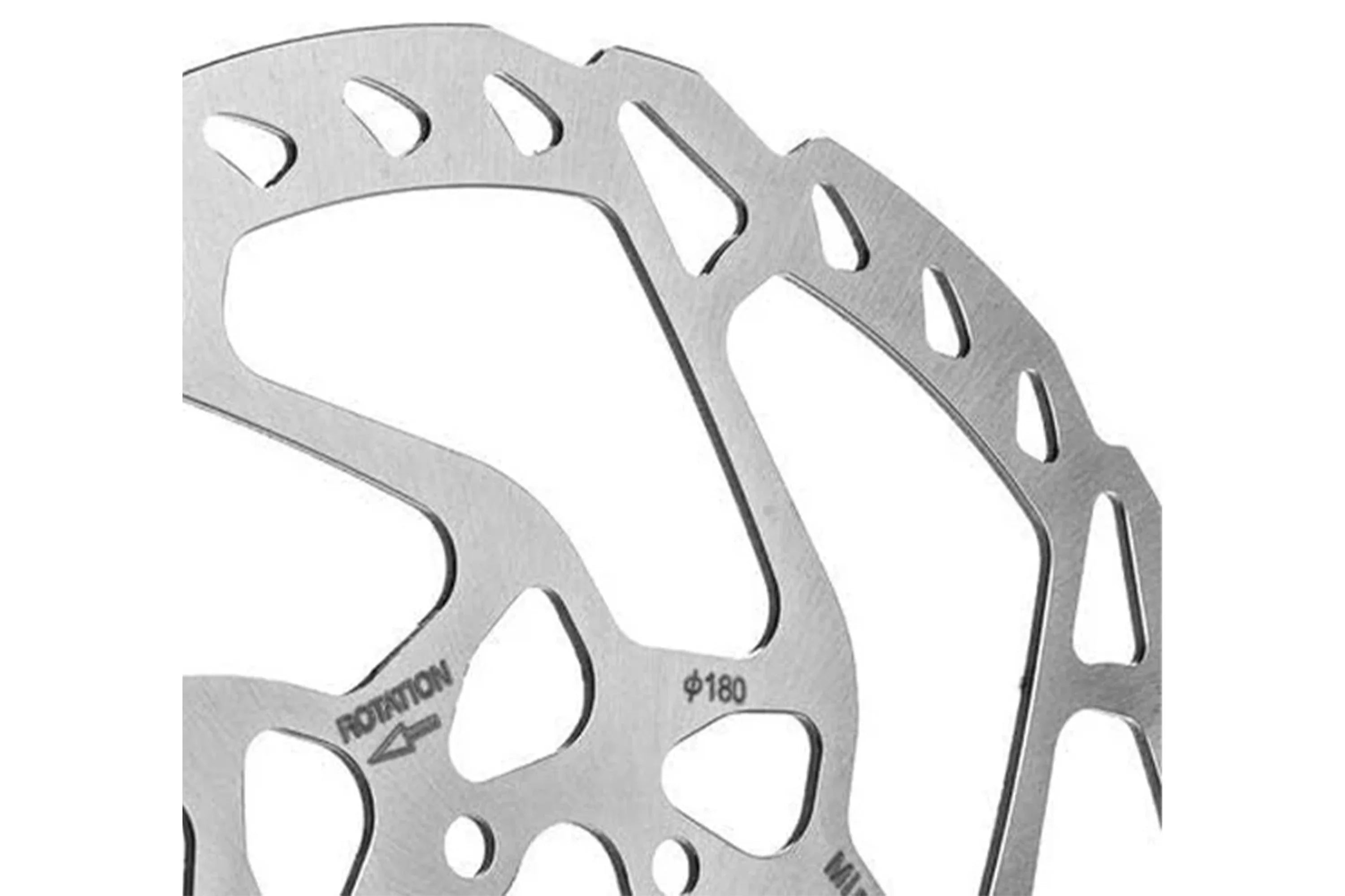 Close-up of 180mm stainless steel e-bike disc brake rotor with rotation arrow.