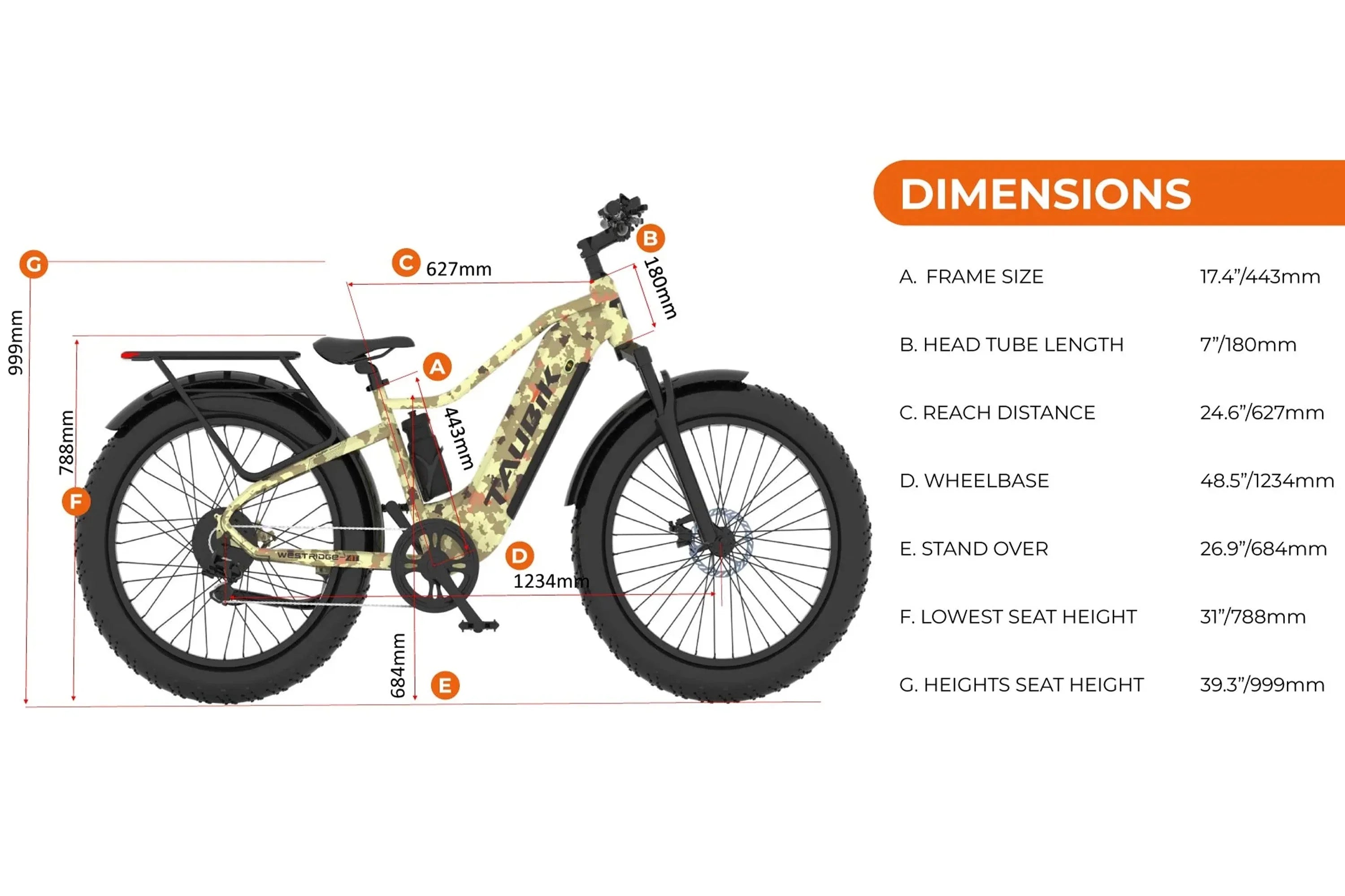 Taubik Westridge 4T off-road ebike in camo with size dimensions and features labeled