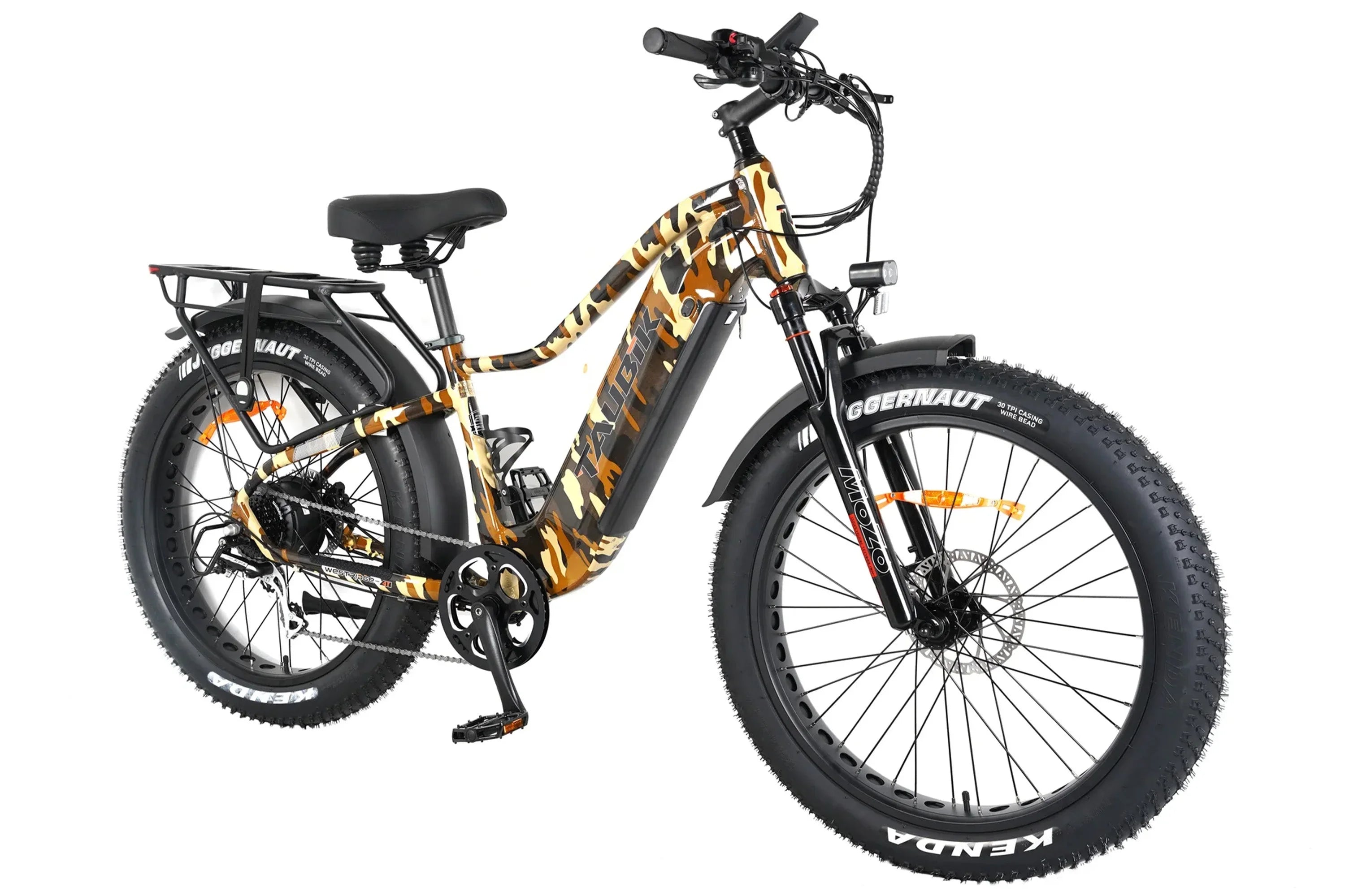 Camo-pattern fat tire electric bike with rear rack against white background