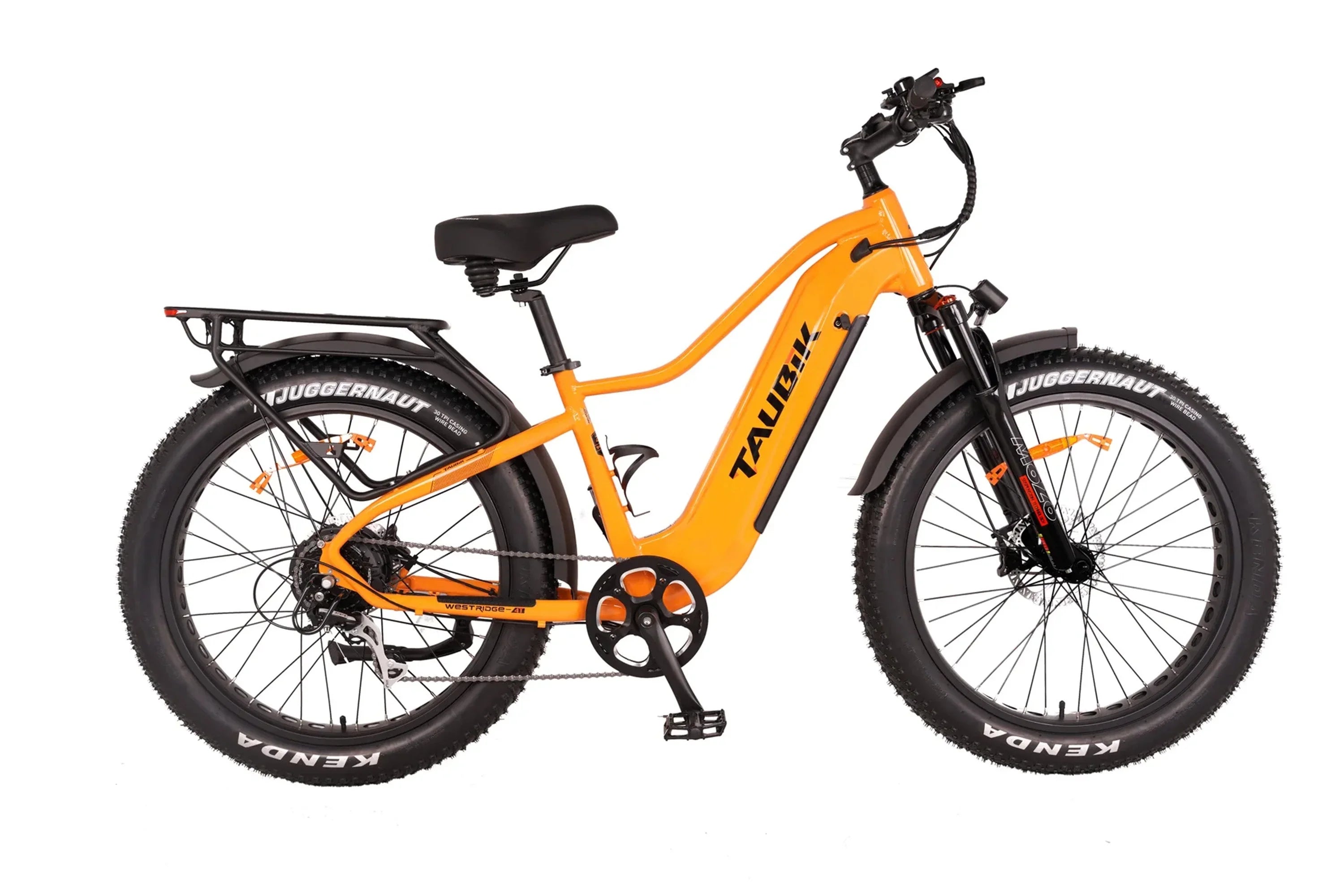 Orange Taubik Westridge 4T off-road fat tire ebike with rear rack and Juggernaut Kenda tires