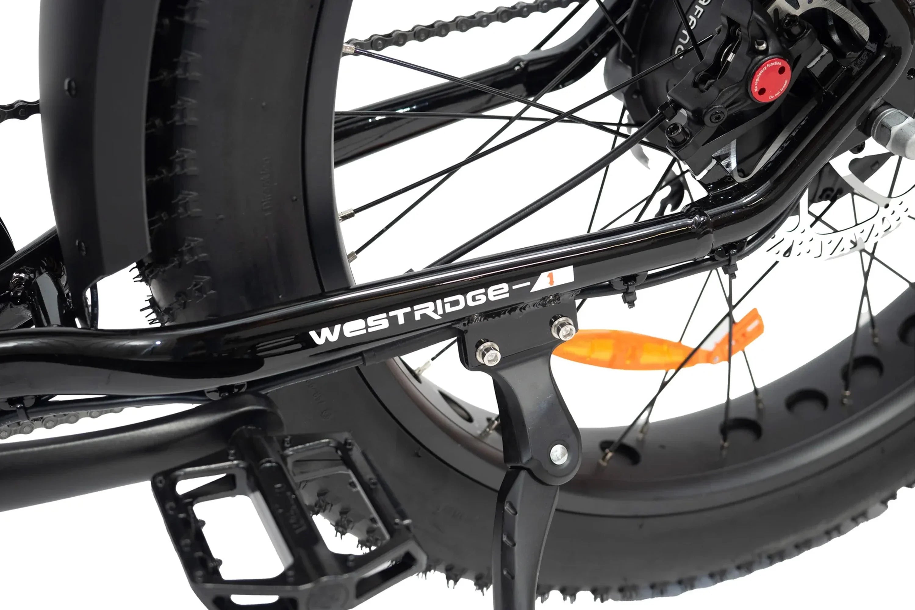Westridge-4T off-road e-bike rear wheel, fat tire, pedal and kickstand close-up