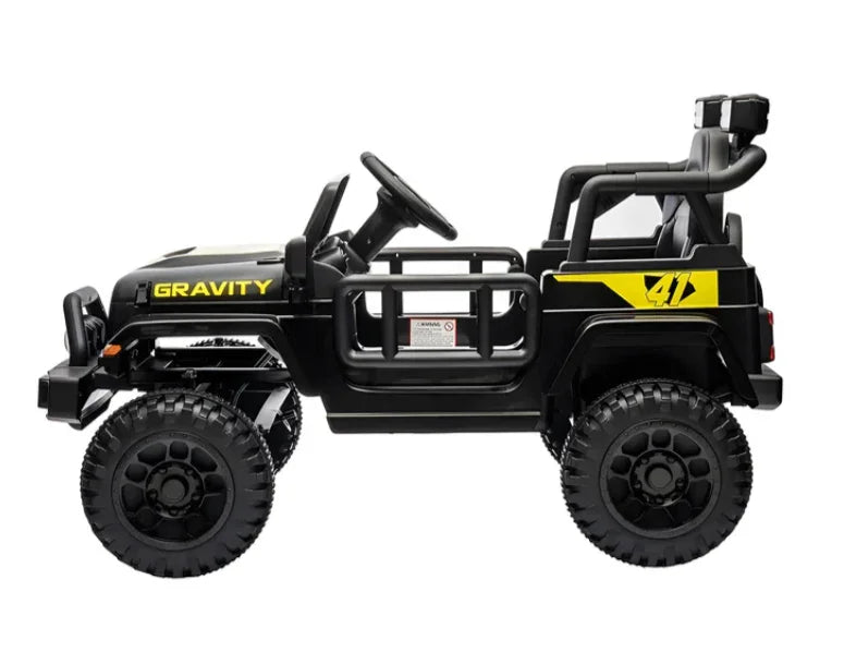 Black kids ride-on jeep toy car with GRAVITY and 41 decals, off-road wheels, and roll cage.