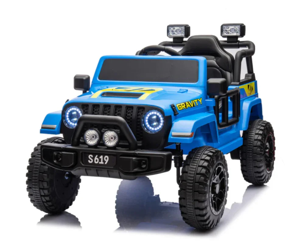 Blue kids ride-on toy car jeep with off-road wheels, LED lights, and Gravity branding