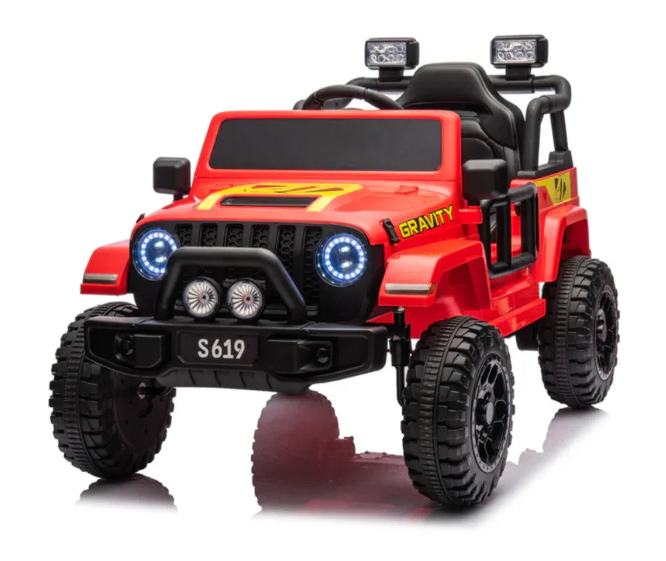 Red kids electric ride-on jeep with LED headlights and Gravity decal, model S619