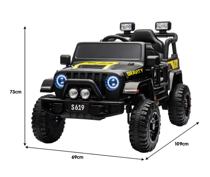 Black ride on toy jeep with blue LED headlights, labeled Gravity, dimensions 73x69x109 cm