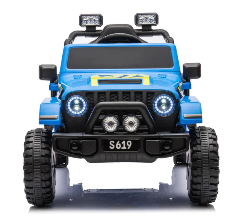 Blue kids ride-on jeep toy car with rugged wheels, headlights, and license plate S619
