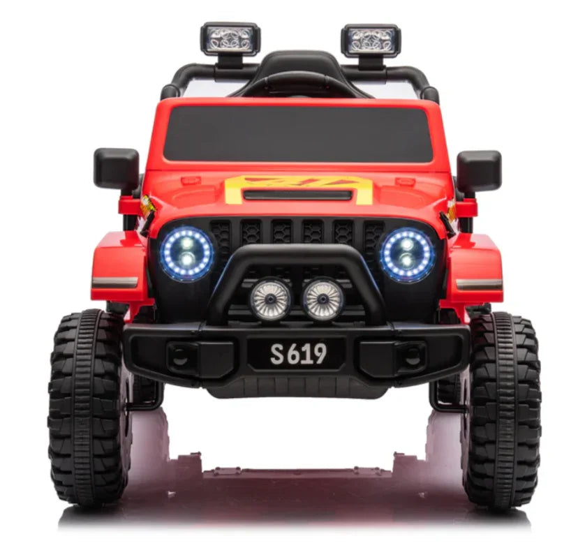 Red kids ride-on toy jeep with large tires, headlights, and S619 license plate