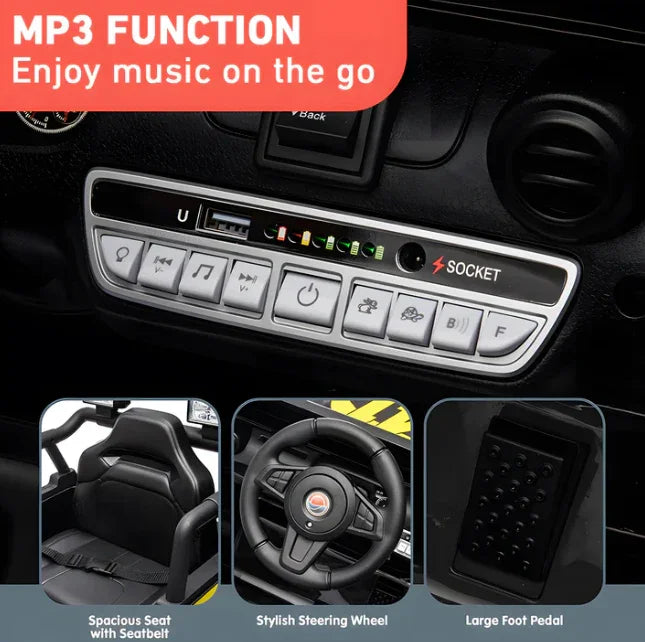 Kids ride on car dashboard with MP3 player, seatbelt seat, steering wheel, and foot pedal.