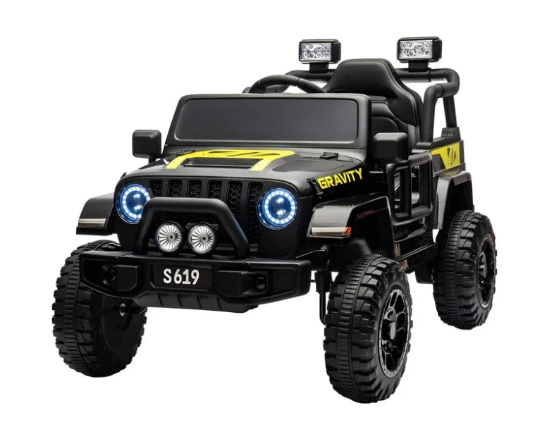 Black and yellow kids' ride-on electric jeep toy with LED headlights and Gravity branding