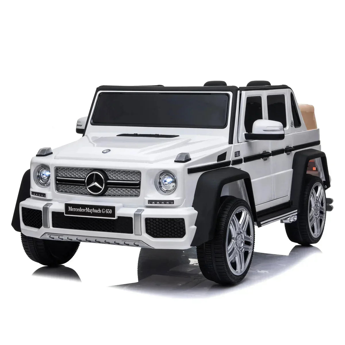 White Mercedes-Maybach G 650 kids ride-on SUV with chrome wheels on white background