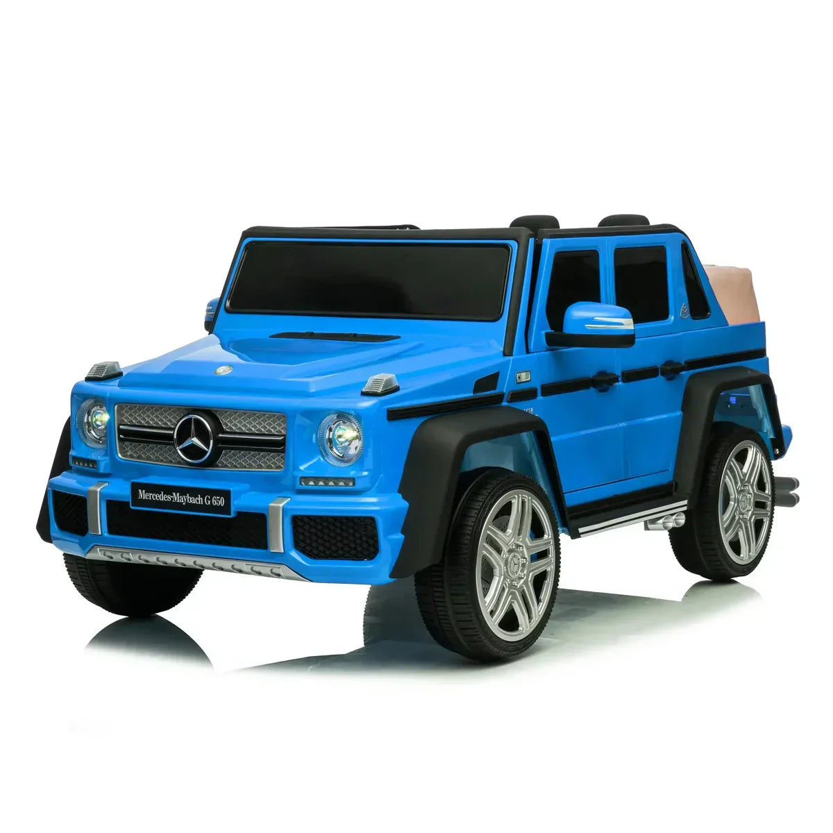 Blue Mercedes-Maybach G650 kids ride-on car with silver wheels on white background