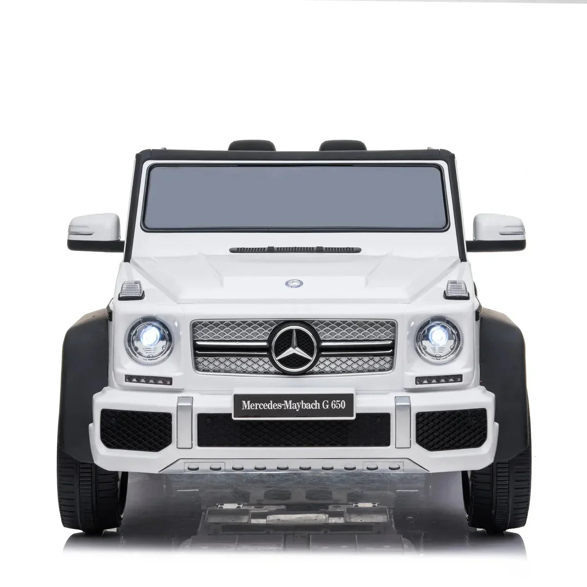White Mercedes-Maybach G 650 kids ride on car toy front view with headlights on