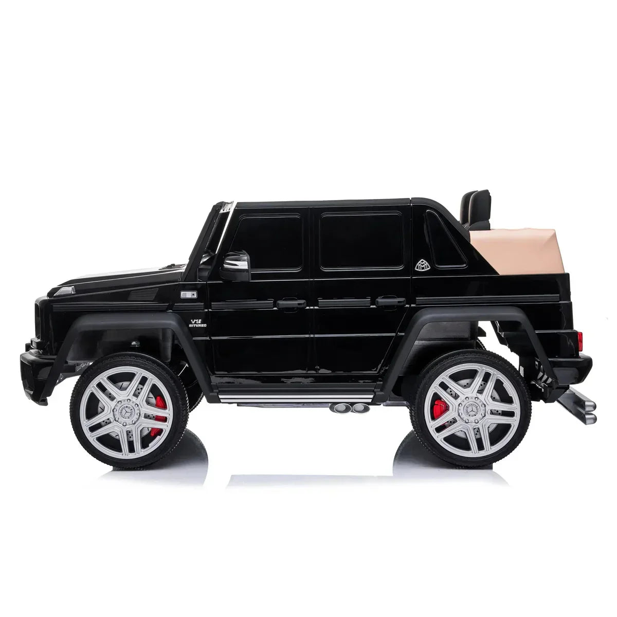 Black luxury ride-on toy car SUV with silver wheels and tan rear cover on white background
